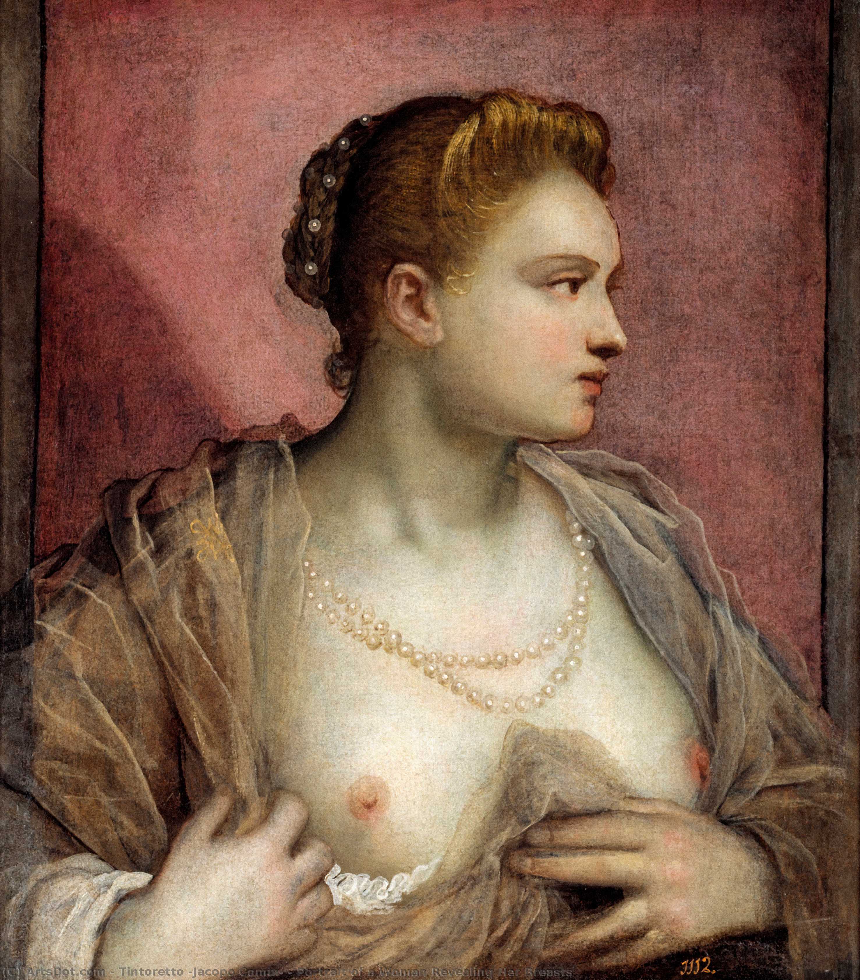 WikiOO.org - אנציקלופדיה לאמנויות יפות - ציור, יצירות אמנות Tintoretto (Jacopo Comin) - Portrait of a Woman Revealing Her Breasts