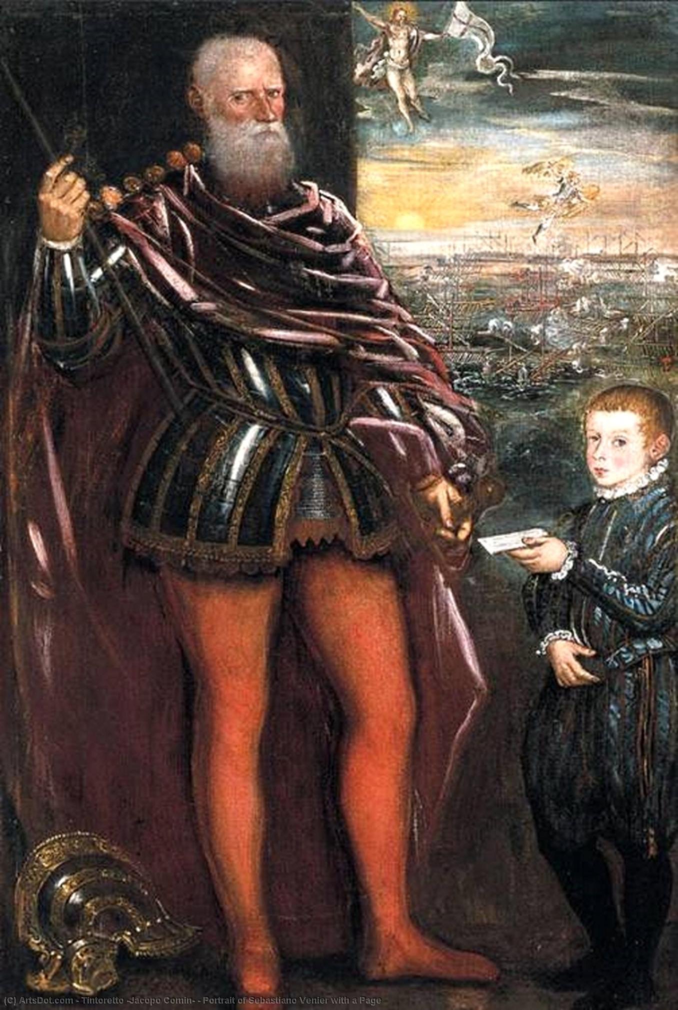 Wikioo.org – La Enciclopedia de las Bellas Artes - Pintura, Obras de arte de Tintoretto (Jacopo Comin) - Botas retrato de sebastiano venier con un Página