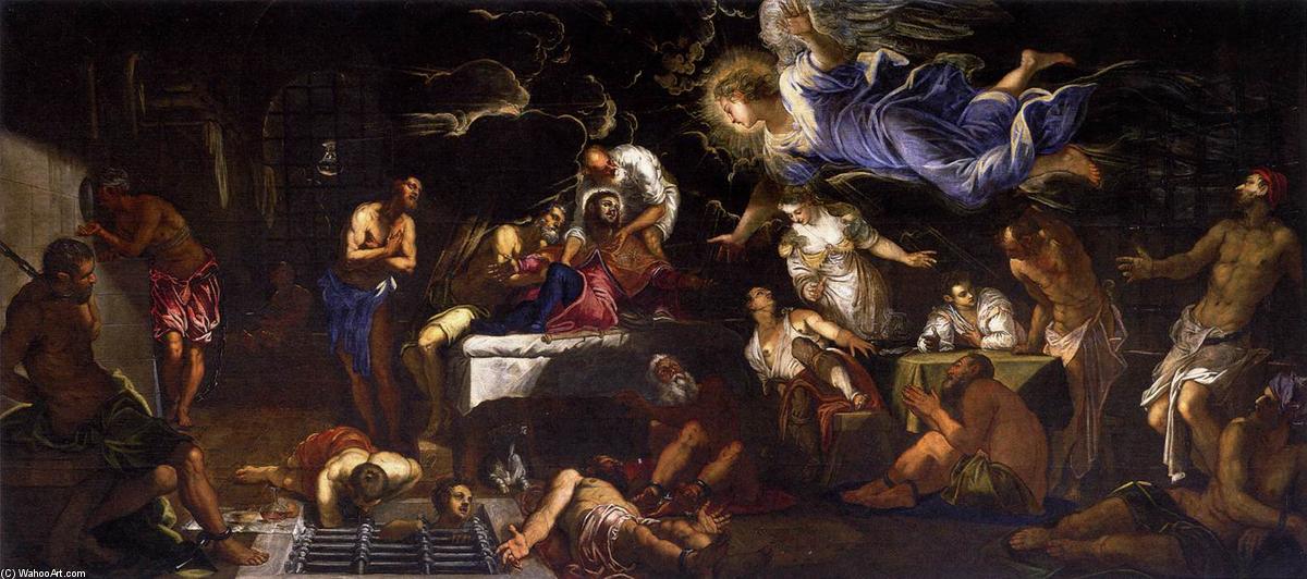 WikiOO.org – 美術百科全書 - 繪畫，作品 Tintoretto (Jacopo Comin) - 圣蓉城 在  监狱  参观  通过  一个  天使