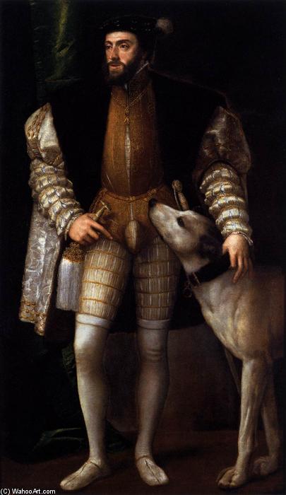 WikiOO.org - 百科事典 - 絵画、アートワーク Tiziano Vecellio (Titian) - 犬と一緒に立っているチャールズ5世