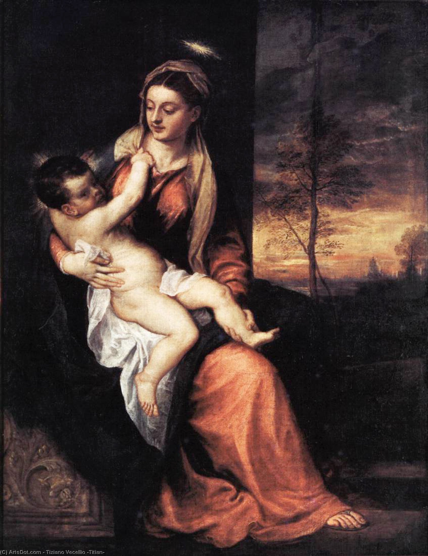 Wikioo.org – La Enciclopedia de las Bellas Artes - Pintura, Obras de arte de Tiziano Vecellio (Titian) - madonna y niño en un paisaje nocturno