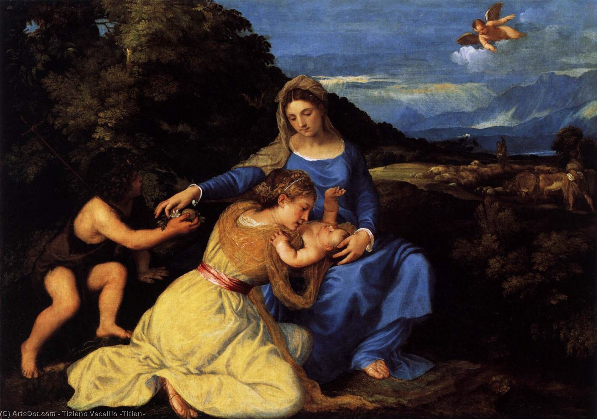 Wikoo.org - موسوعة الفنون الجميلة - اللوحة، العمل الفني Tiziano Vecellio (Titian) - Madonna and Child with Saints