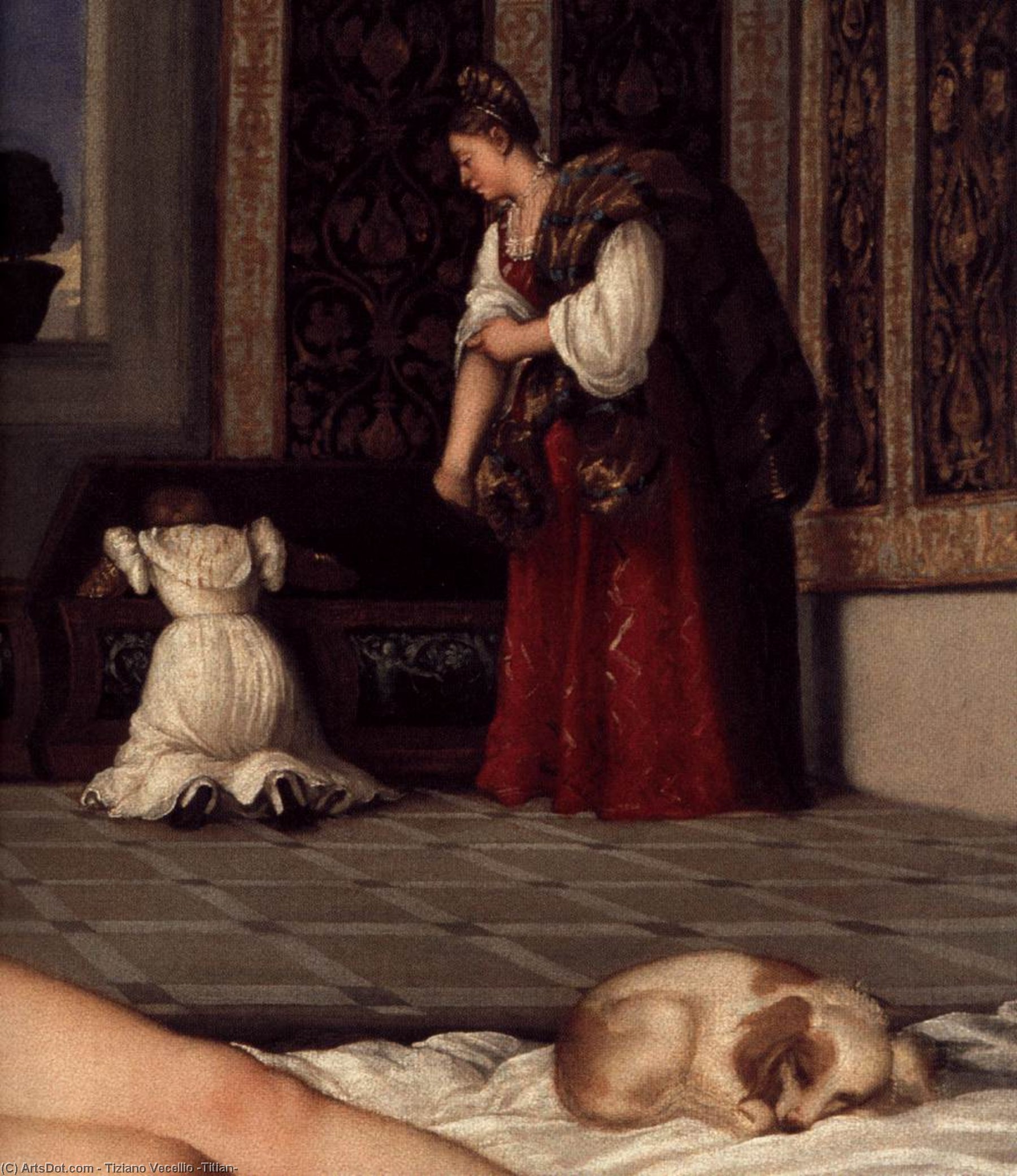 WikiOO.org - Enciklopedija dailės - Tapyba, meno kuriniai Tiziano Vecellio (Titian) - Venus of Urbino (detail)