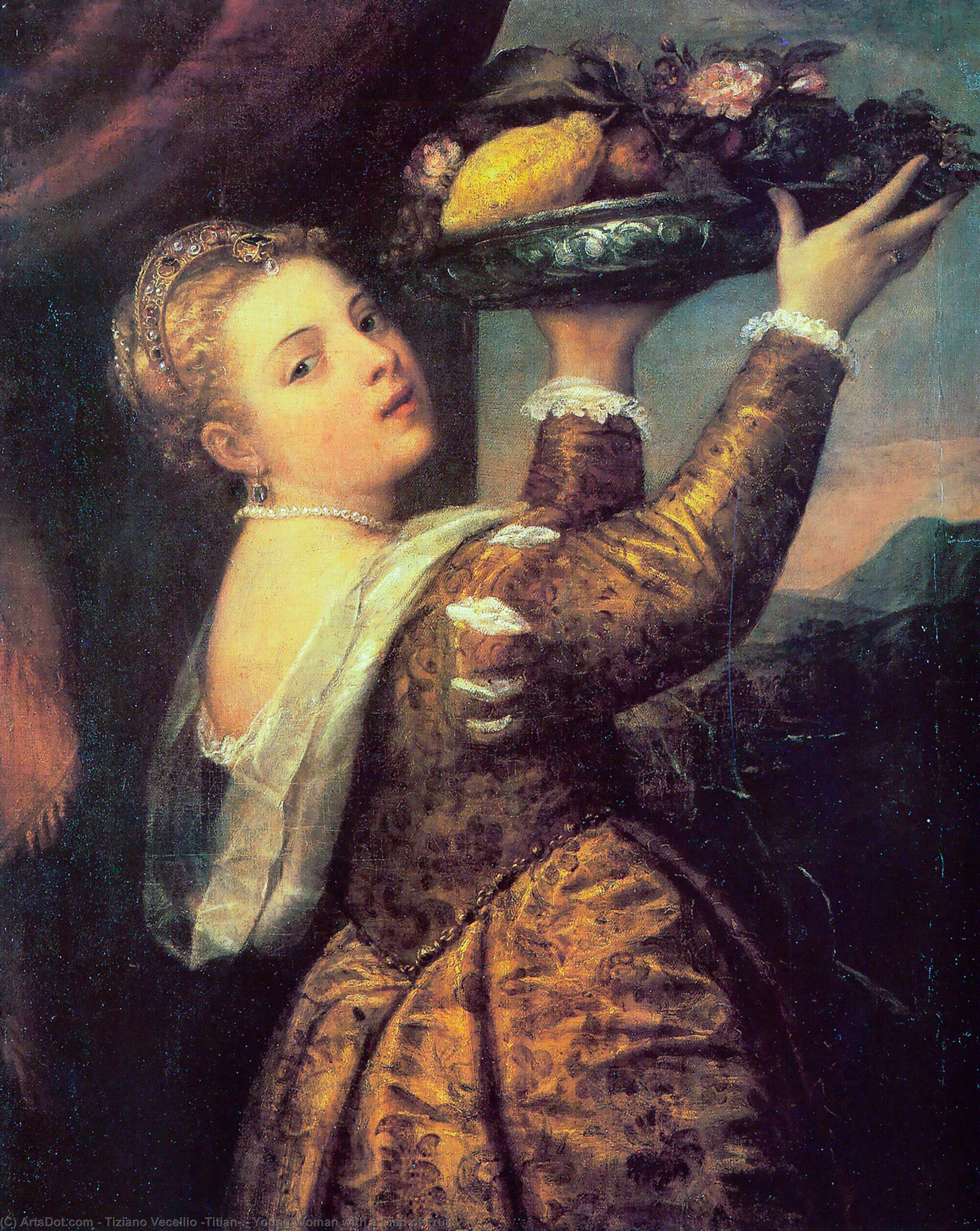 Wikioo.org - The Encyclopedia of Fine Arts - Painting, Artwork by Tiziano Vecellio (Titian) - Young Woman with a Dish of Fruit