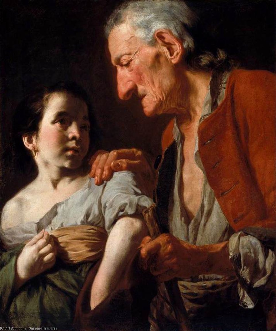 Wikioo.org – L'Encyclopédie des Beaux Arts - Peinture, Oeuvre de Gaspare Traversi - vieil homme et  une  enfant