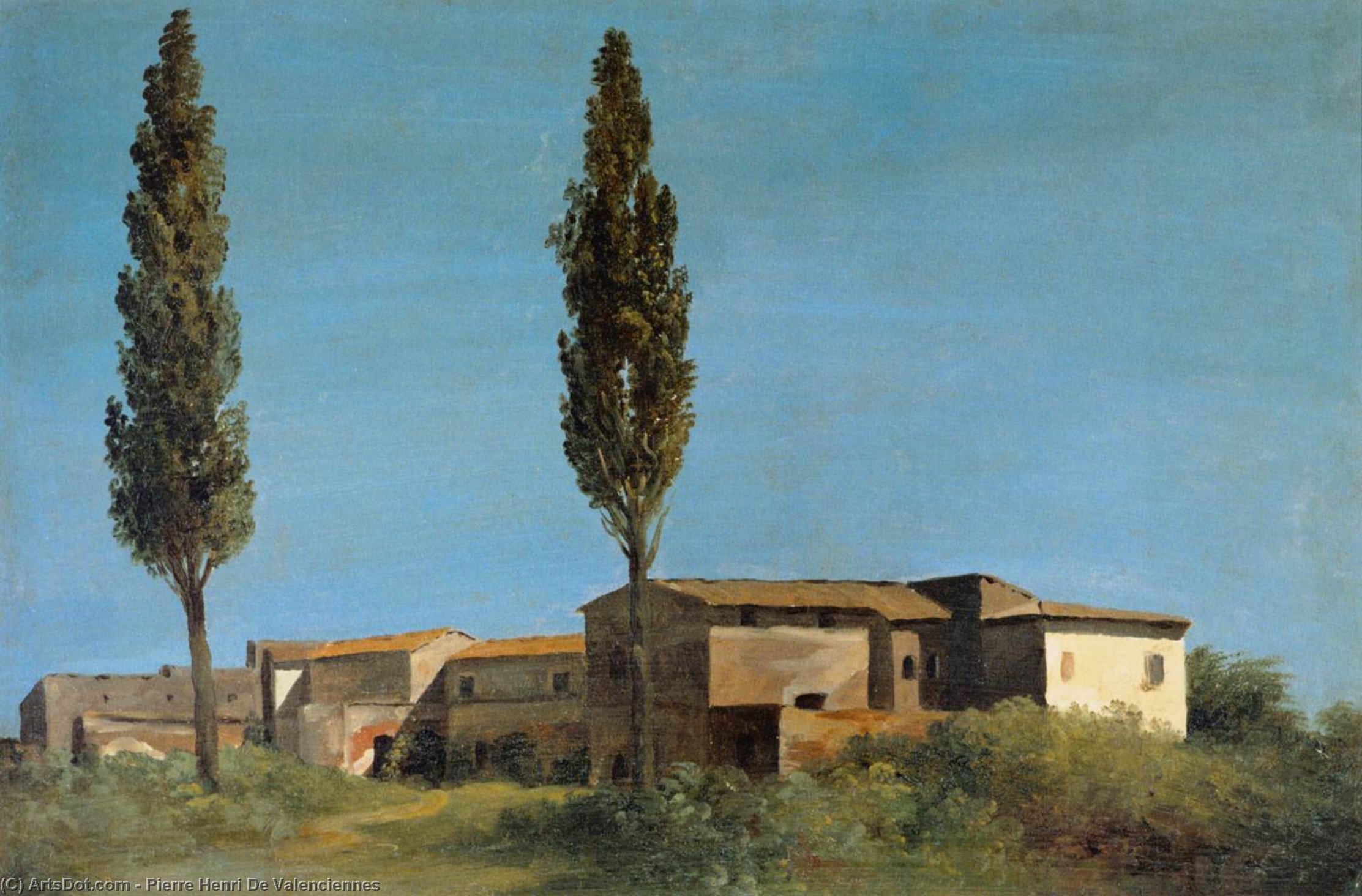 Wikioo.org - The Encyclopedia of Fine Arts - Painting, Artwork by Pierre Henri De Valenciennes - Farm-buildings at the Villa Farnese: the Two Poplar Trees