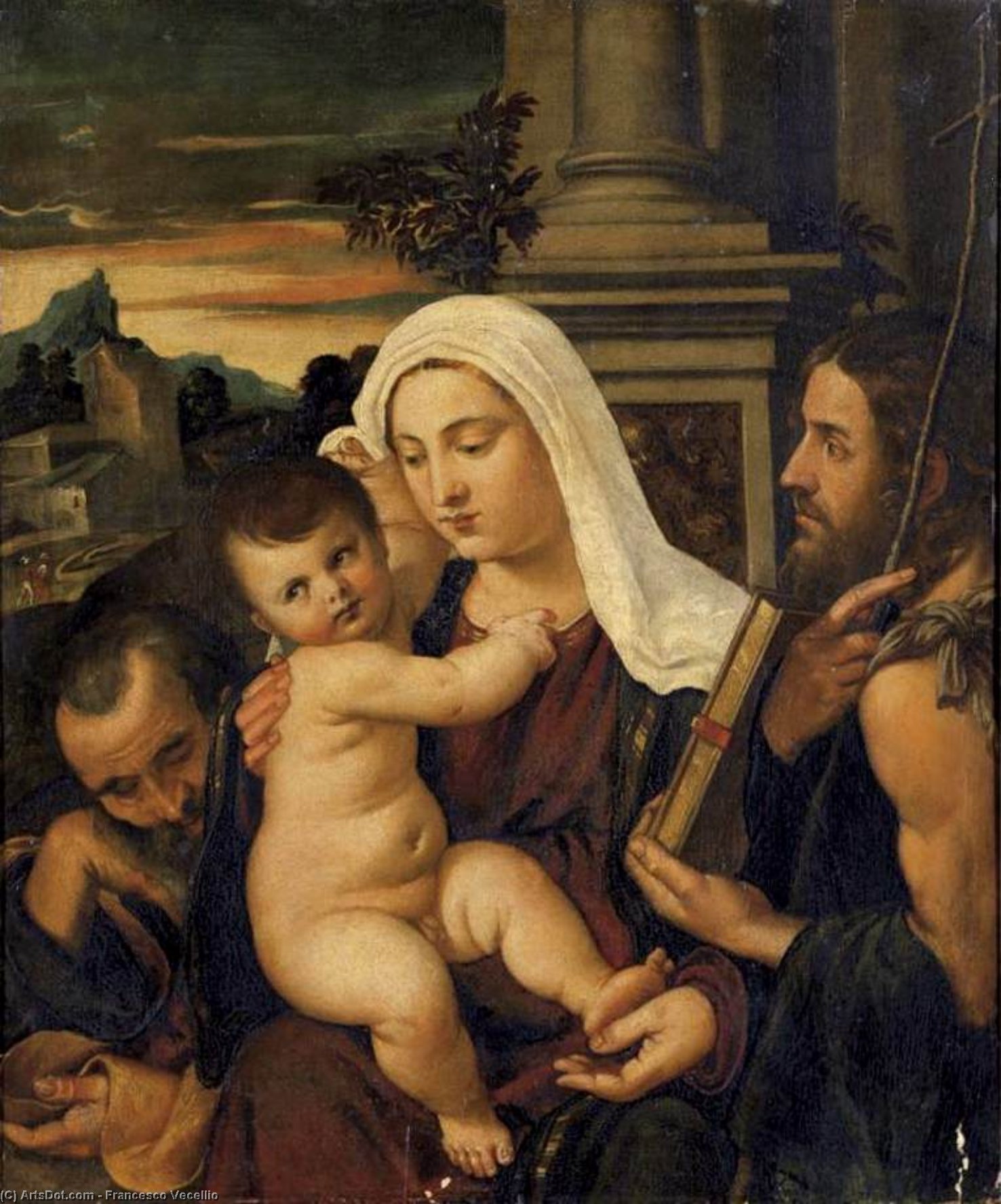 Wikioo.org - The Encyclopedia of Fine Arts - Painting, Artwork by Francesco Vecellio - Madonna and Child with Sts Joseph and John the Baptist