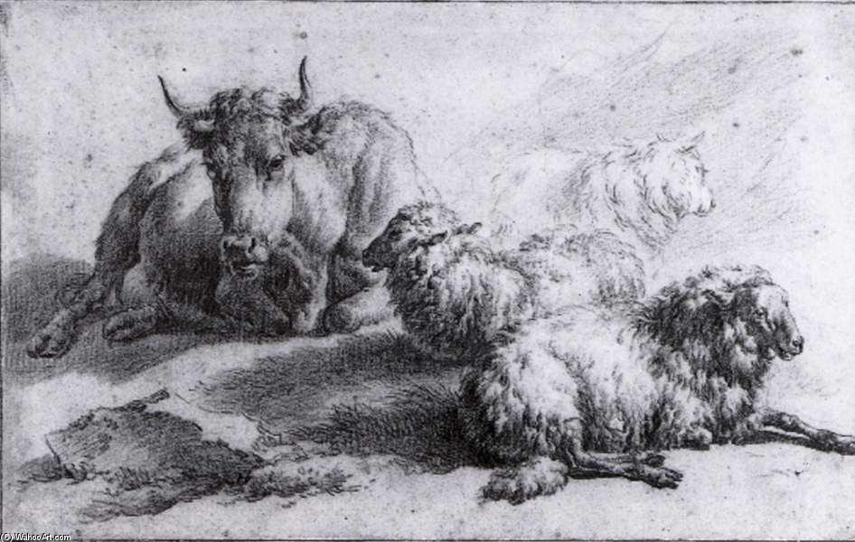Wikioo.org - The Encyclopedia of Fine Arts - Painting, Artwork by Adriaen Van De Velde - A Cow and Three Sheep