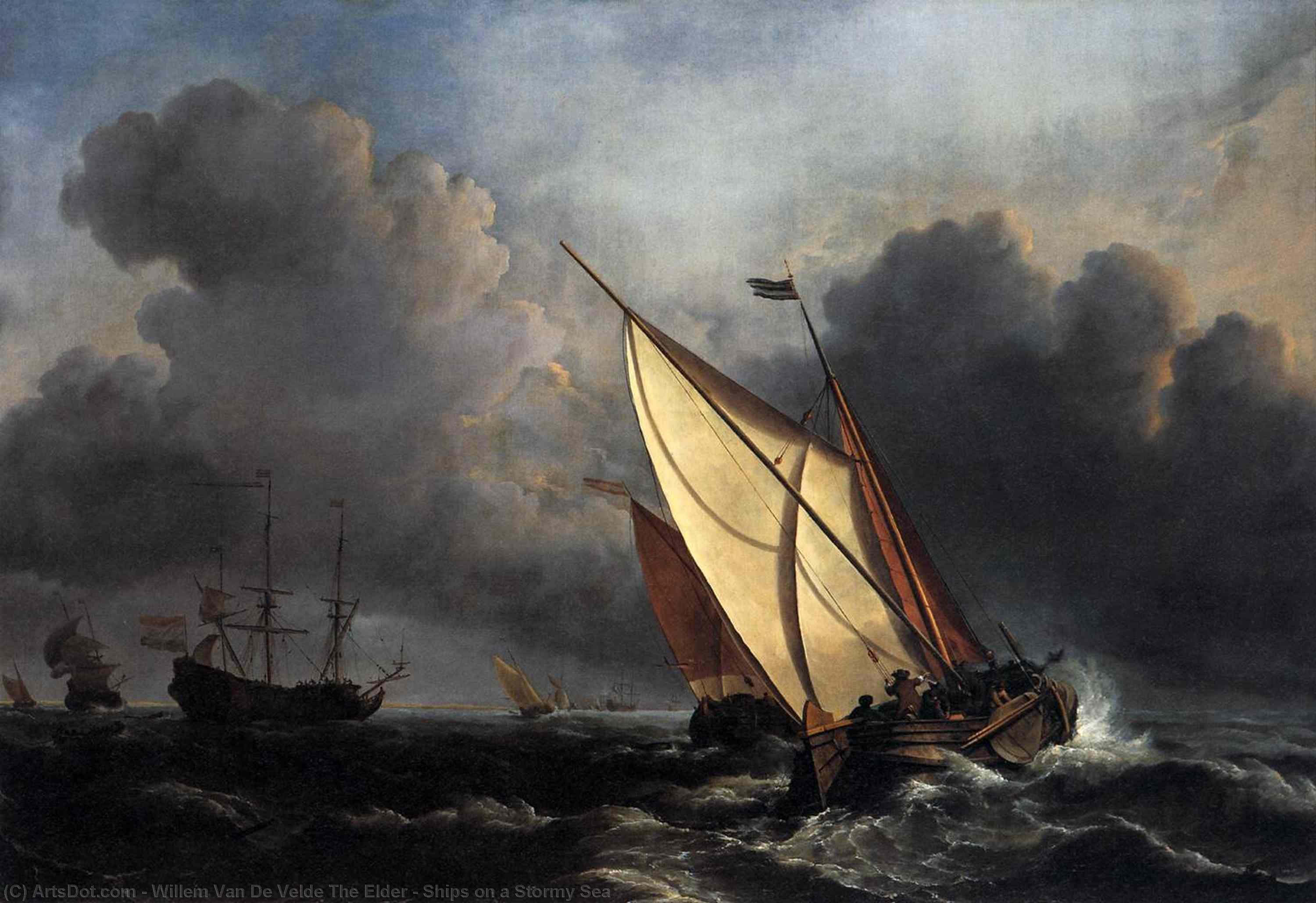 Wikioo.org – L'Enciclopedia delle Belle Arti - Pittura, Opere di Willem Van De Velde The Elder - navi su  Un  tempestoso  mare