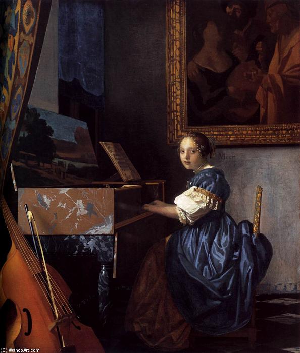 Wikioo.org - Die Enzyklopädie bildender Kunst - Malerei, Kunstwerk von Jan Vermeer - lady sitzend bei  Ein  jungfräulich