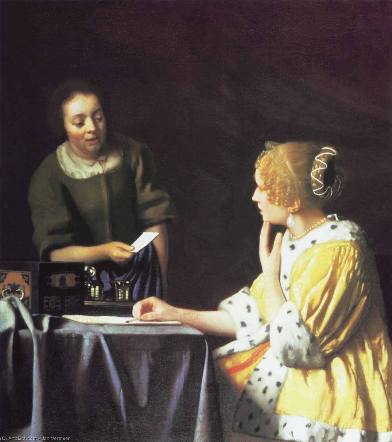 Wikioo.org – La Enciclopedia de las Bellas Artes - Pintura, Obras de arte de Jan Vermeer - señora con ella  Criada  propiedad  Un  letra