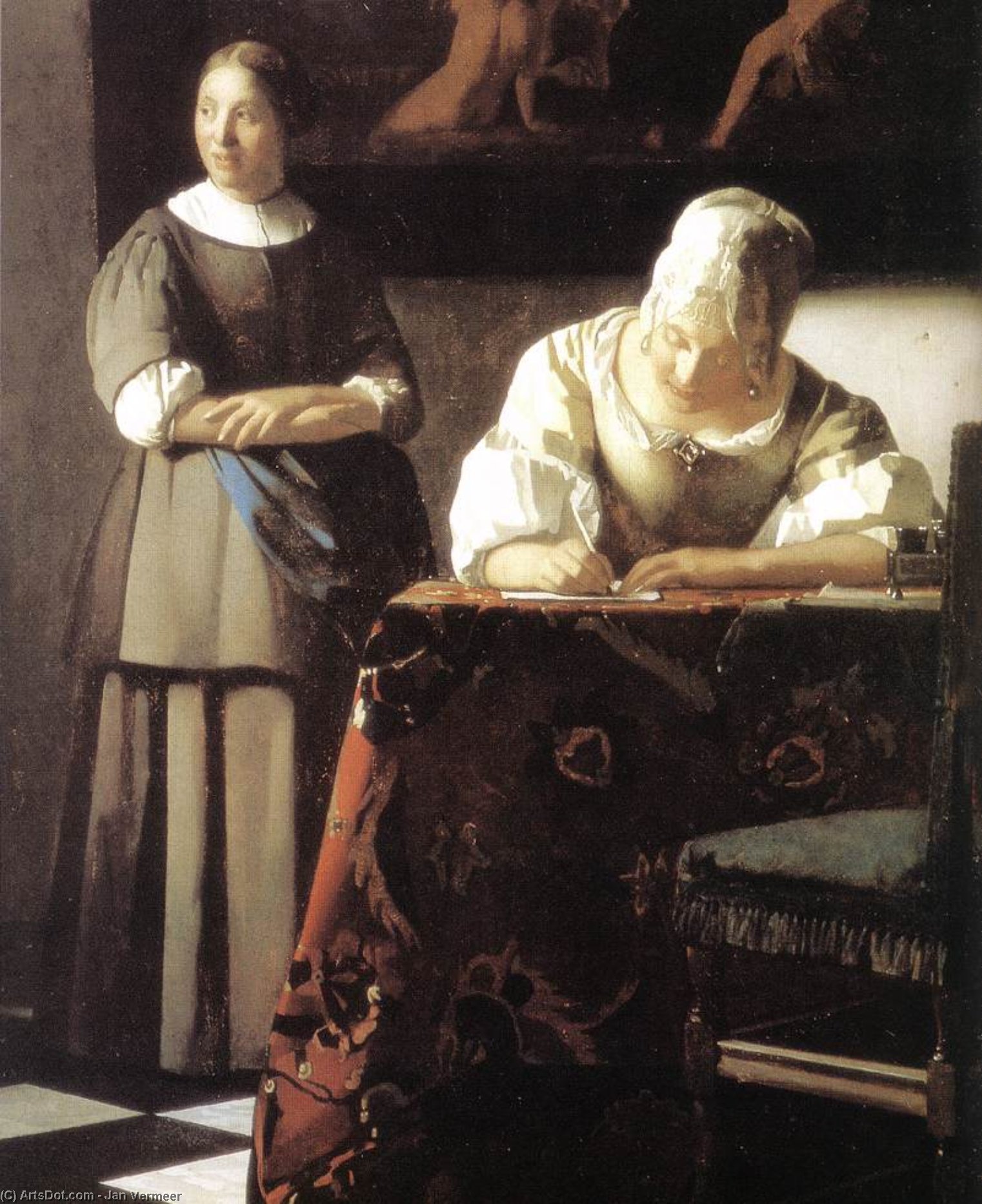 Wikioo.org - Die Enzyklopädie bildender Kunst - Malerei, Kunstwerk von Jan Vermeer - Lady Schreiben eines Briefes mit ihrer Zofe Ausschnitt