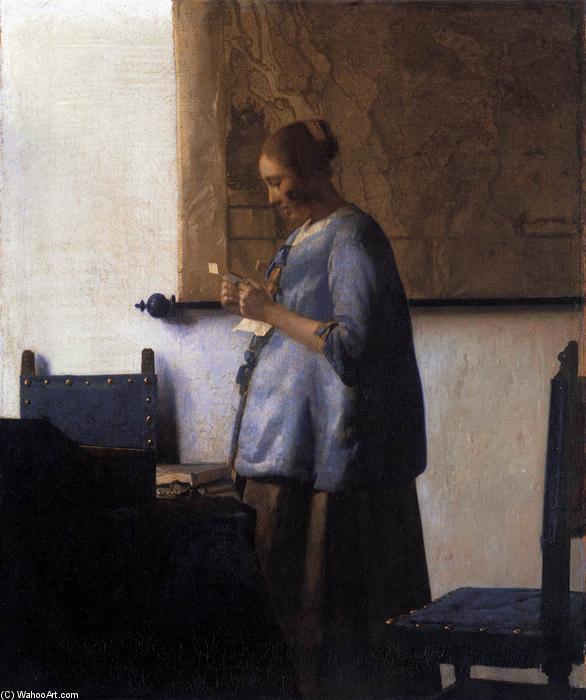 Wikioo.org – La Enciclopedia de las Bellas Artes - Pintura, Obras de arte de Jan Vermeer - mujer en azul Lectura  Un  letra