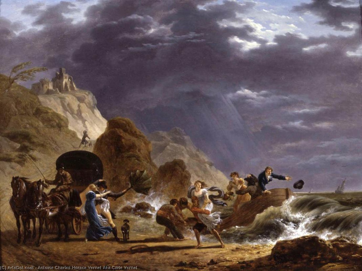 Wikioo.org - The Encyclopedia of Fine Arts - Painting, Artwork by Antoine Charles Horace Vernet Aka Carle Vernet - Arrival of Emigres with the Duchess of Berry on the French Coast