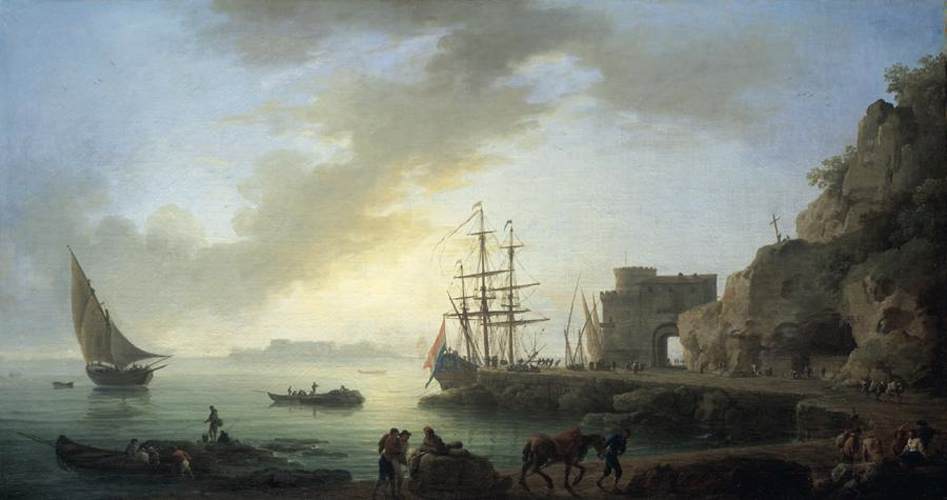 Wikioo.org - The Encyclopedia of Fine Arts - Painting, Artwork by Claude Joseph Vernet - Mediterranean Port at Dawn