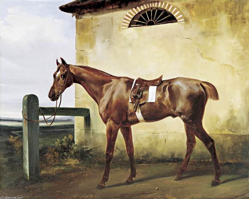 Wikoo.org - موسوعة الفنون الجميلة - اللوحة، العمل الفني Emile Jean Horace Vernet - A Saddled Race Horse Tied to a Fence
