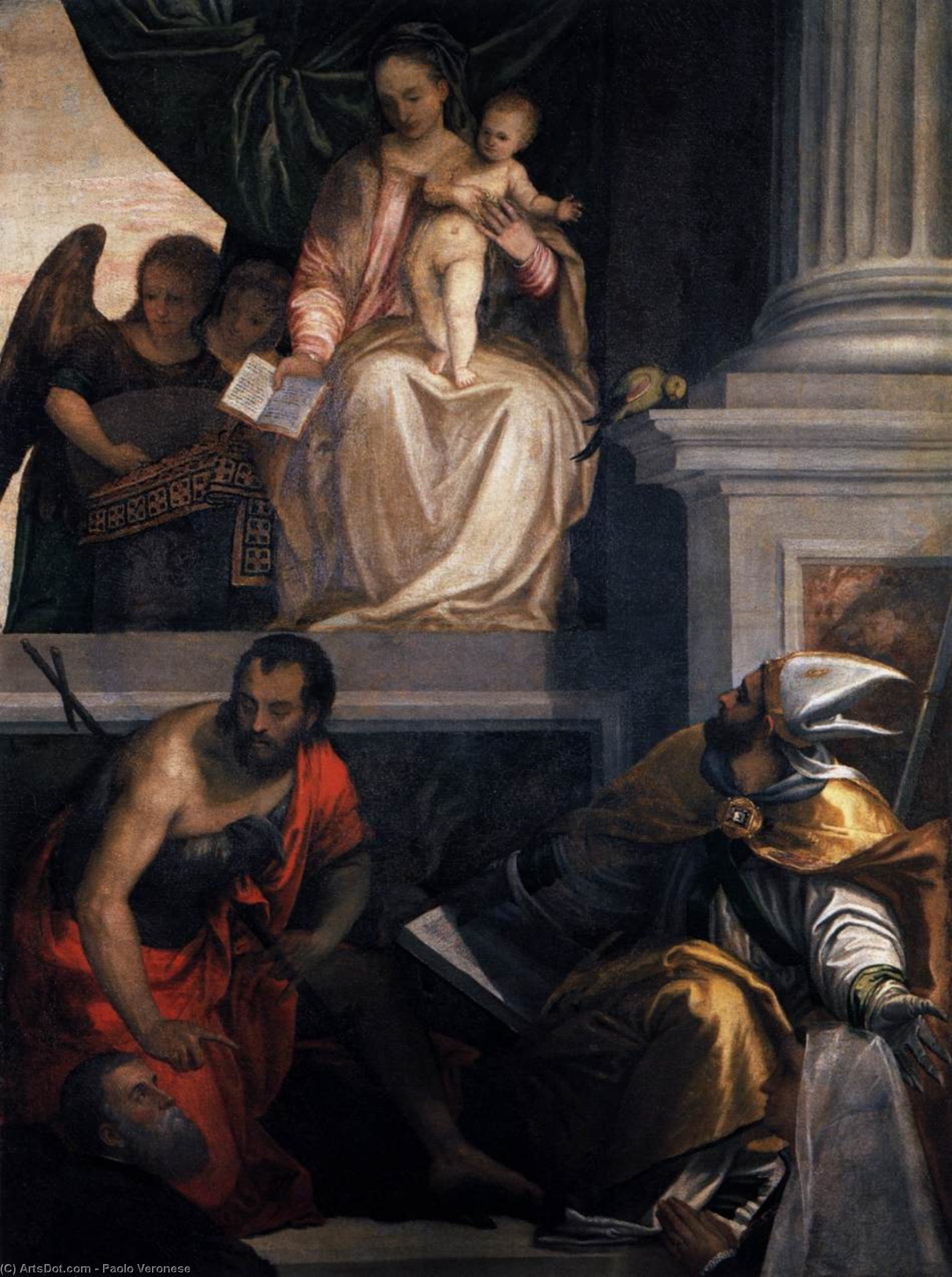 Wikioo.org - The Encyclopedia of Fine Arts - Painting, Artwork by Paolo Veronese - Madonna Enthroned with Child, St John the Baptist, St Louis of Toulouse and Donors