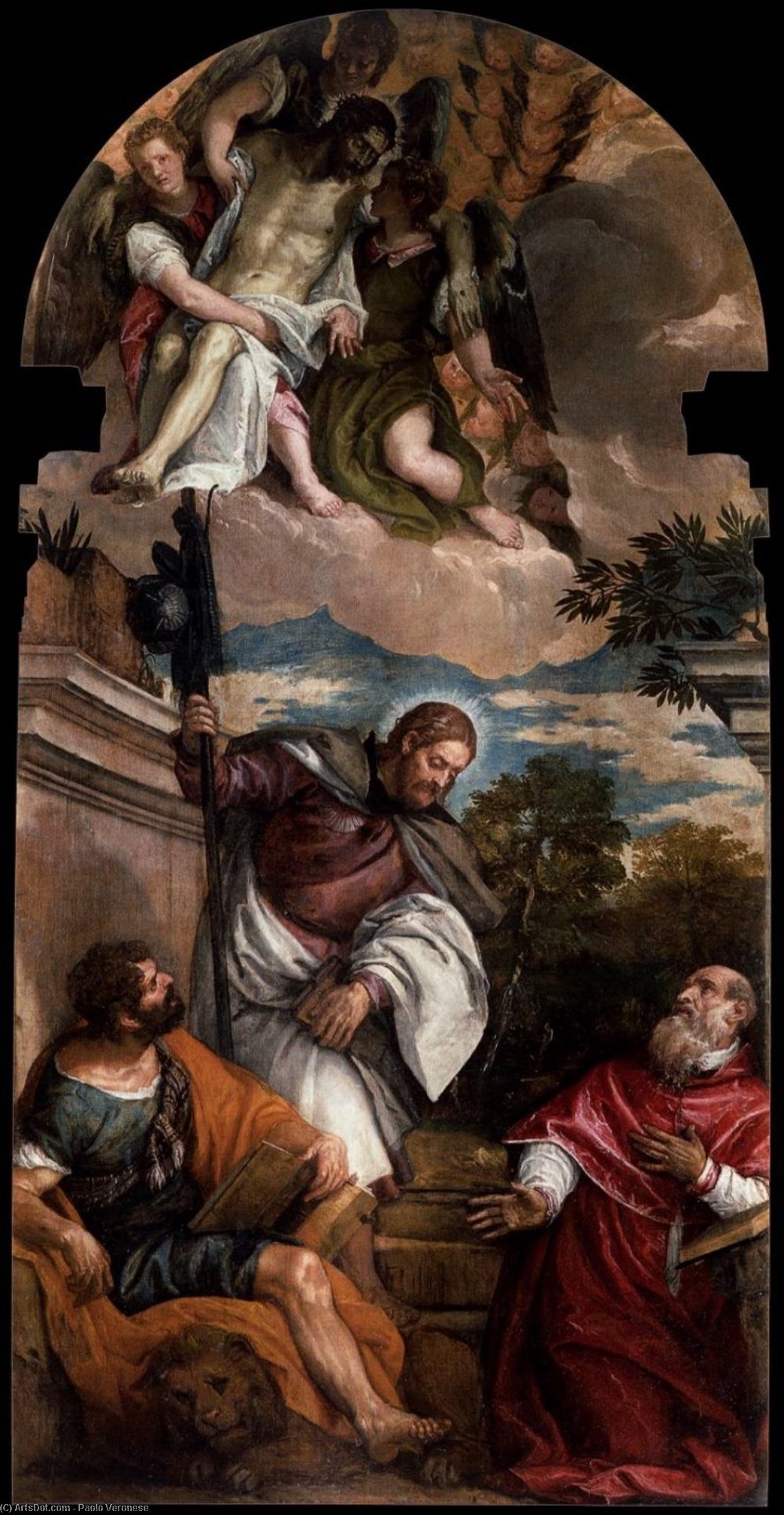 Wikioo.org - The Encyclopedia of Fine Arts - Painting, Artwork by Paolo Veronese - Sts Mark, James and Jerome with the Dead Christ Borne by Angels