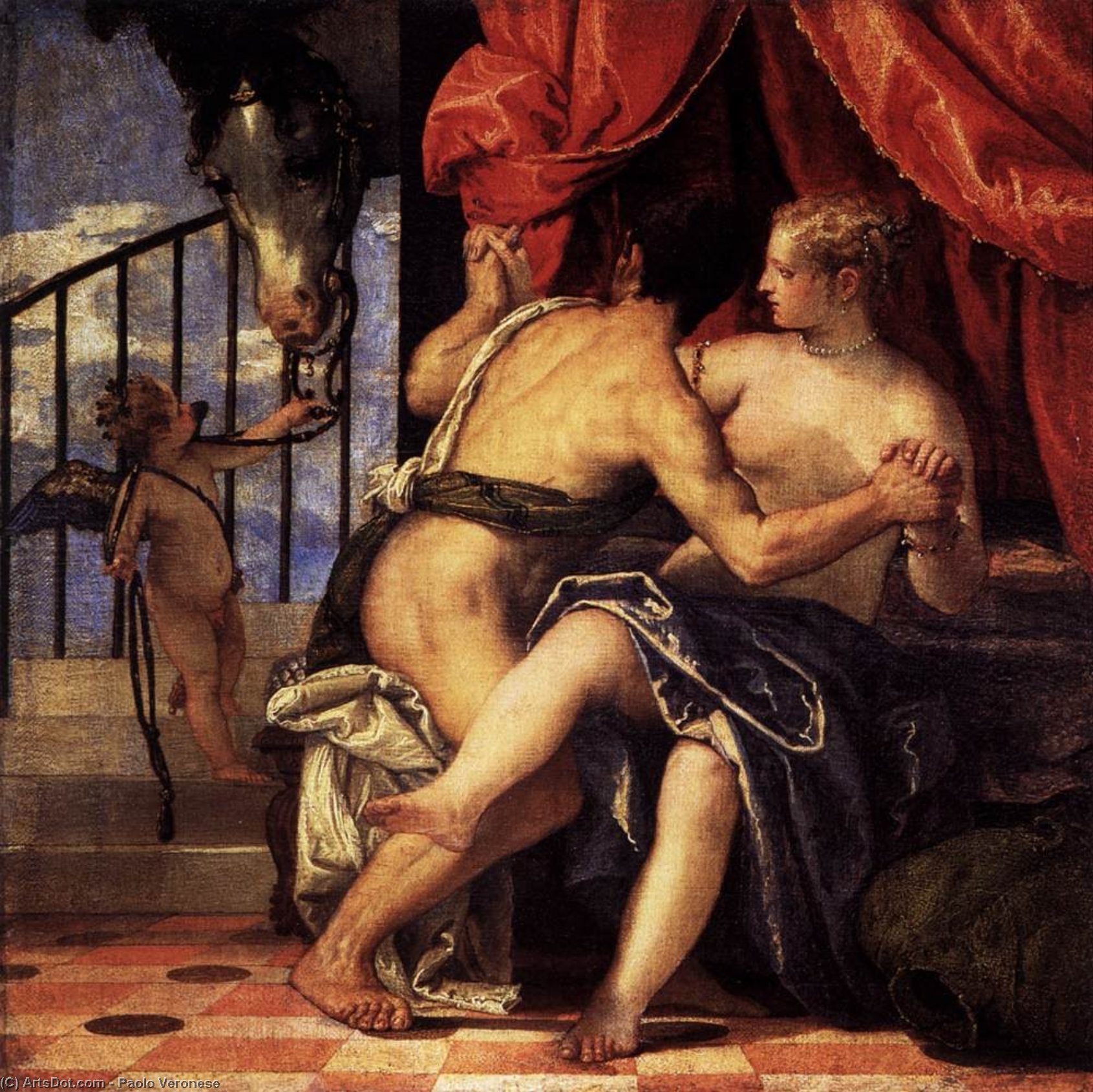 Wikioo.org - Die Enzyklopädie bildender Kunst - Malerei, Kunstwerk von Paolo Veronese - Venus und Mars mit  Amor  und  Ein  pferd