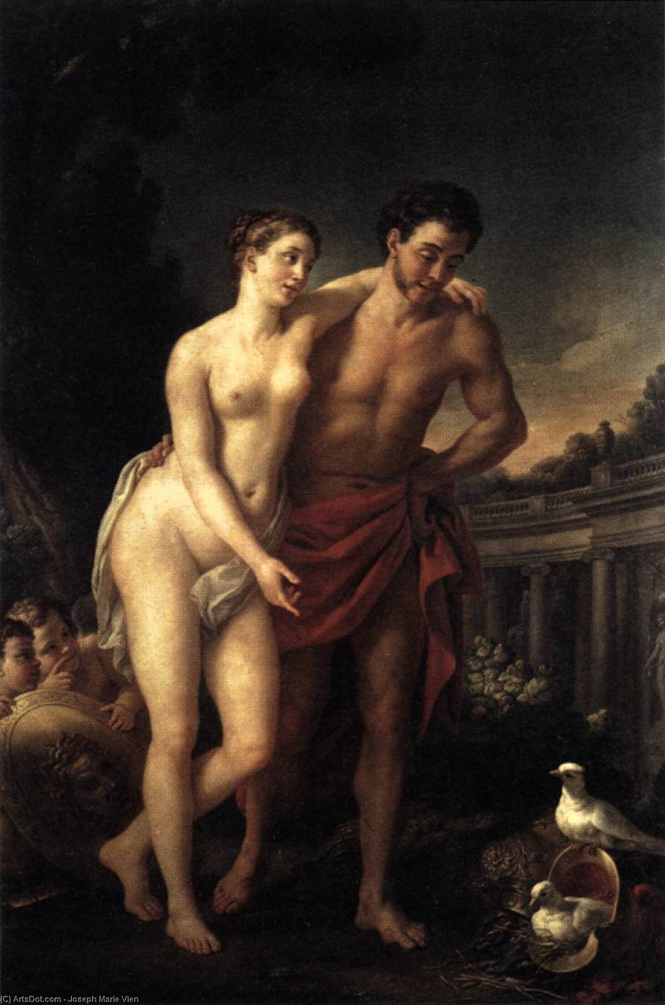 Wikioo.org - The Encyclopedia of Fine Arts - Painting, Artwork by Joseph Marie Vien - Venus Showing Mars her Doves Making a Nest in his Helmet
