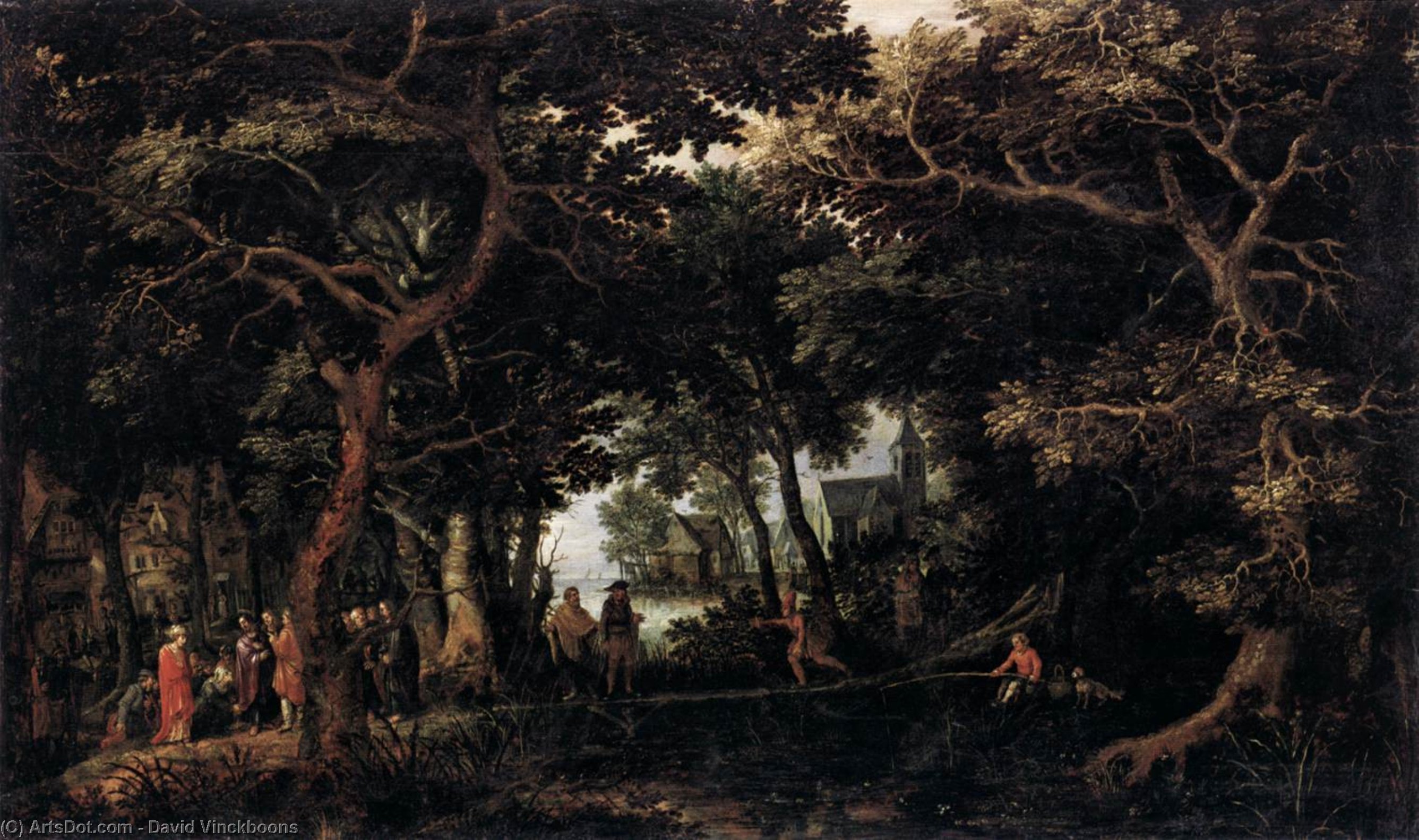 Wikioo.org - The Encyclopedia of Fine Arts - Painting, Artwork by David Vinckboons - Forest Landscape with Two of Christ's Miracles