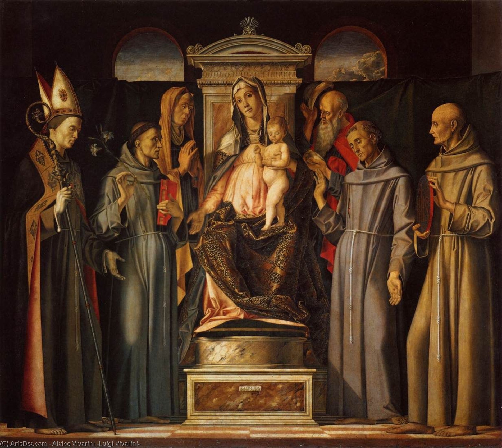 Wikioo.org - The Encyclopedia of Fine Arts - Painting, Artwork by Alvise Vivarini (Luigi Vivarini) - Virgin and Child Enthroned with Saints (Sacra Conversazione)
