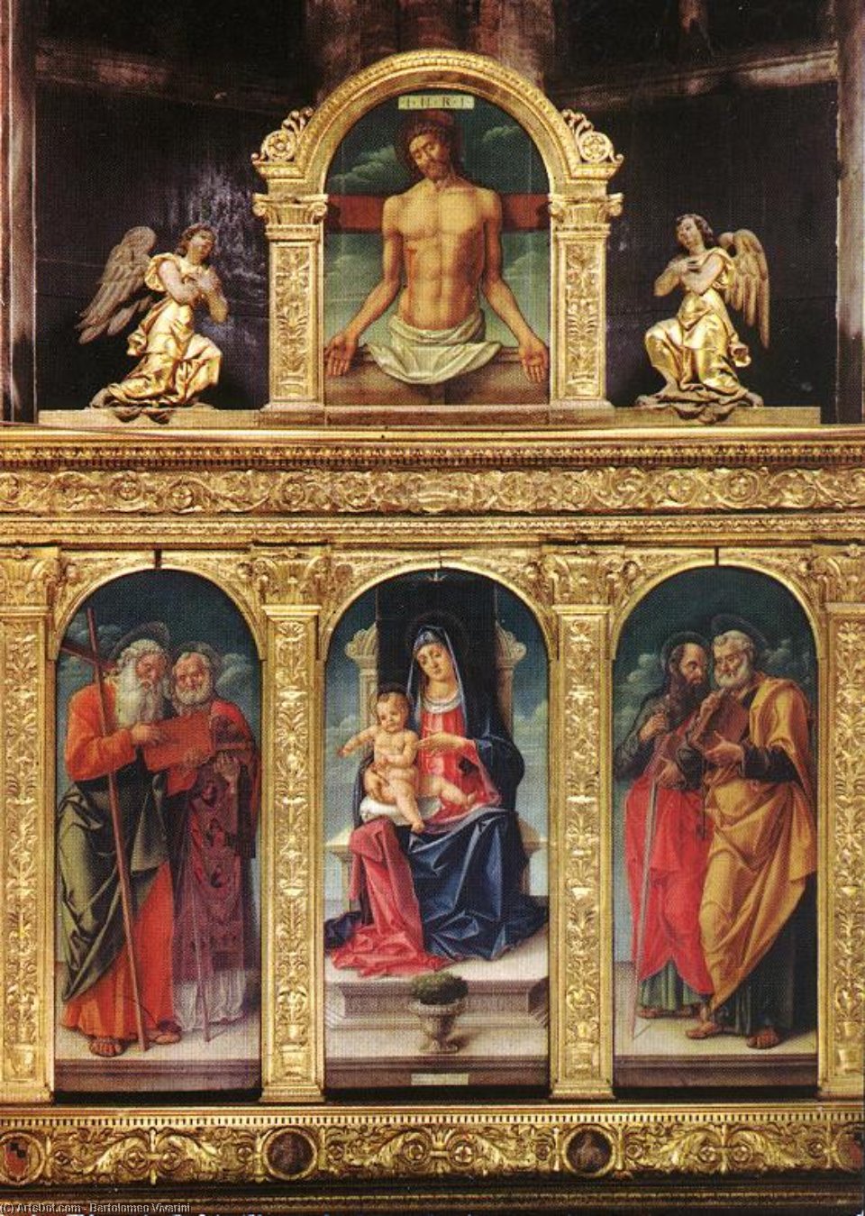 Wikioo.org - The Encyclopedia of Fine Arts - Painting, Artwork by Bartolomeo Vivarini - Virgin Enthroned with the Child on her Knee (polyptych)
