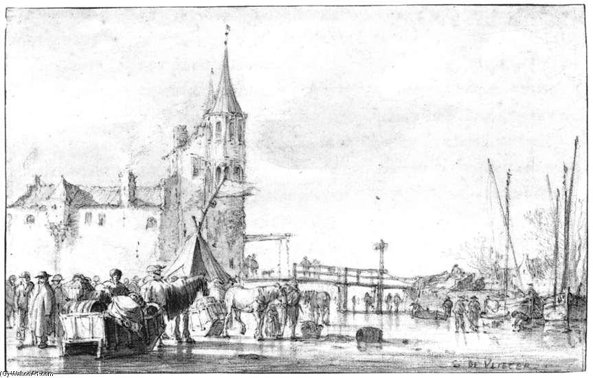 WikiOO.org - Encyclopedia of Fine Arts - Lukisan, Artwork Simon De Vlieger - The Northwest Side of the Rotterdam Gate at Delft in Winter