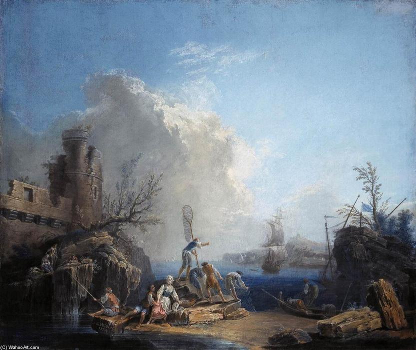 Wikioo.org - The Encyclopedia of Fine Arts - Painting, Artwork by Pierre Jacques Volaire - Seascape with Fisherman on a Rocky Shore