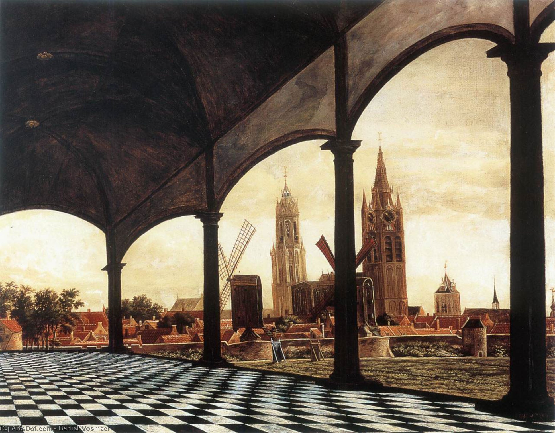 Wikioo.org - The Encyclopedia of Fine Arts - Painting, Artwork by Daniel Vosmaer - A View of Delft through an Imaginary Loggia
