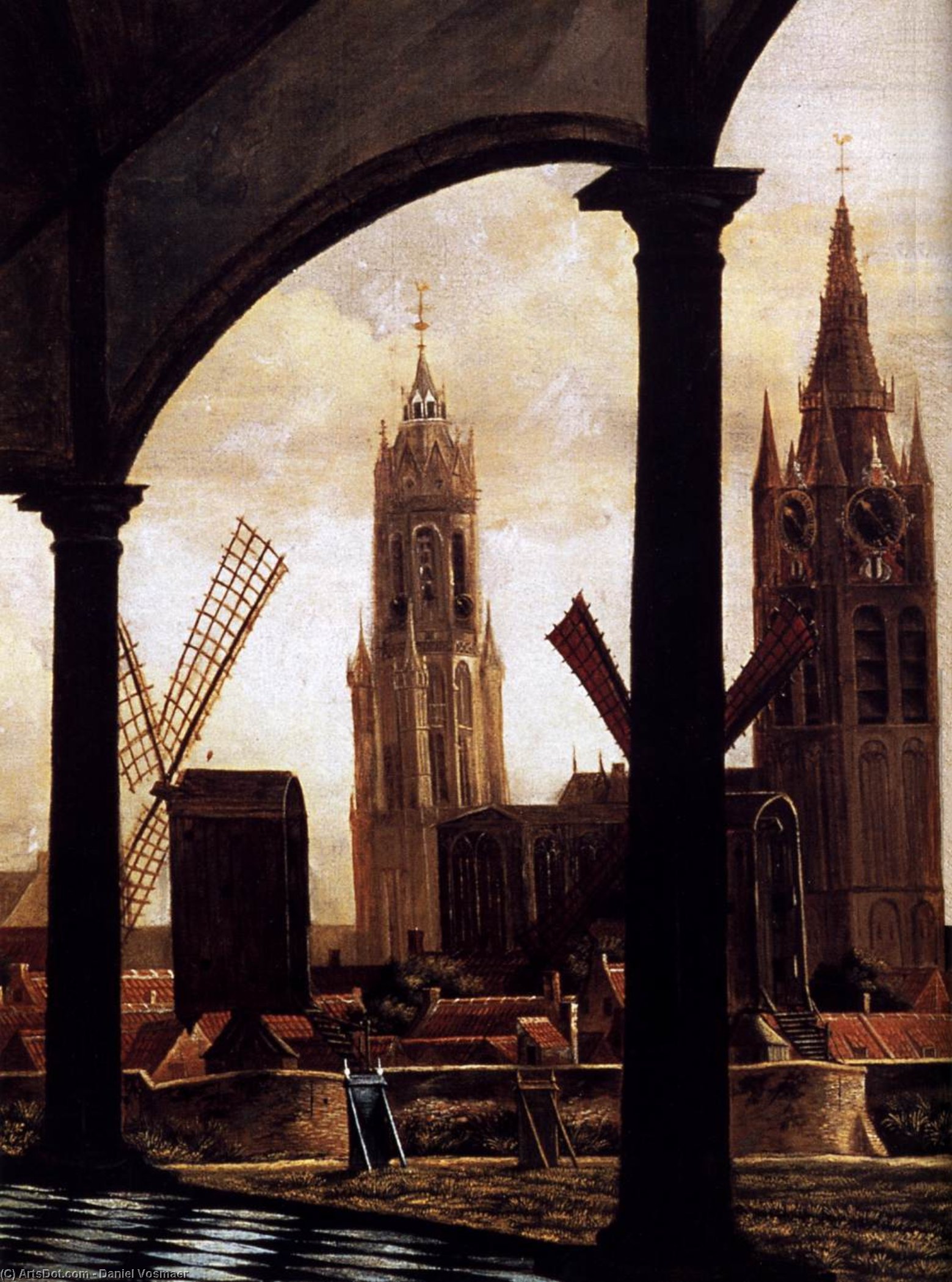 Wikioo.org - The Encyclopedia of Fine Arts - Painting, Artwork by Daniel Vosmaer - A View of Delft through an Imaginary Loggia (detail)