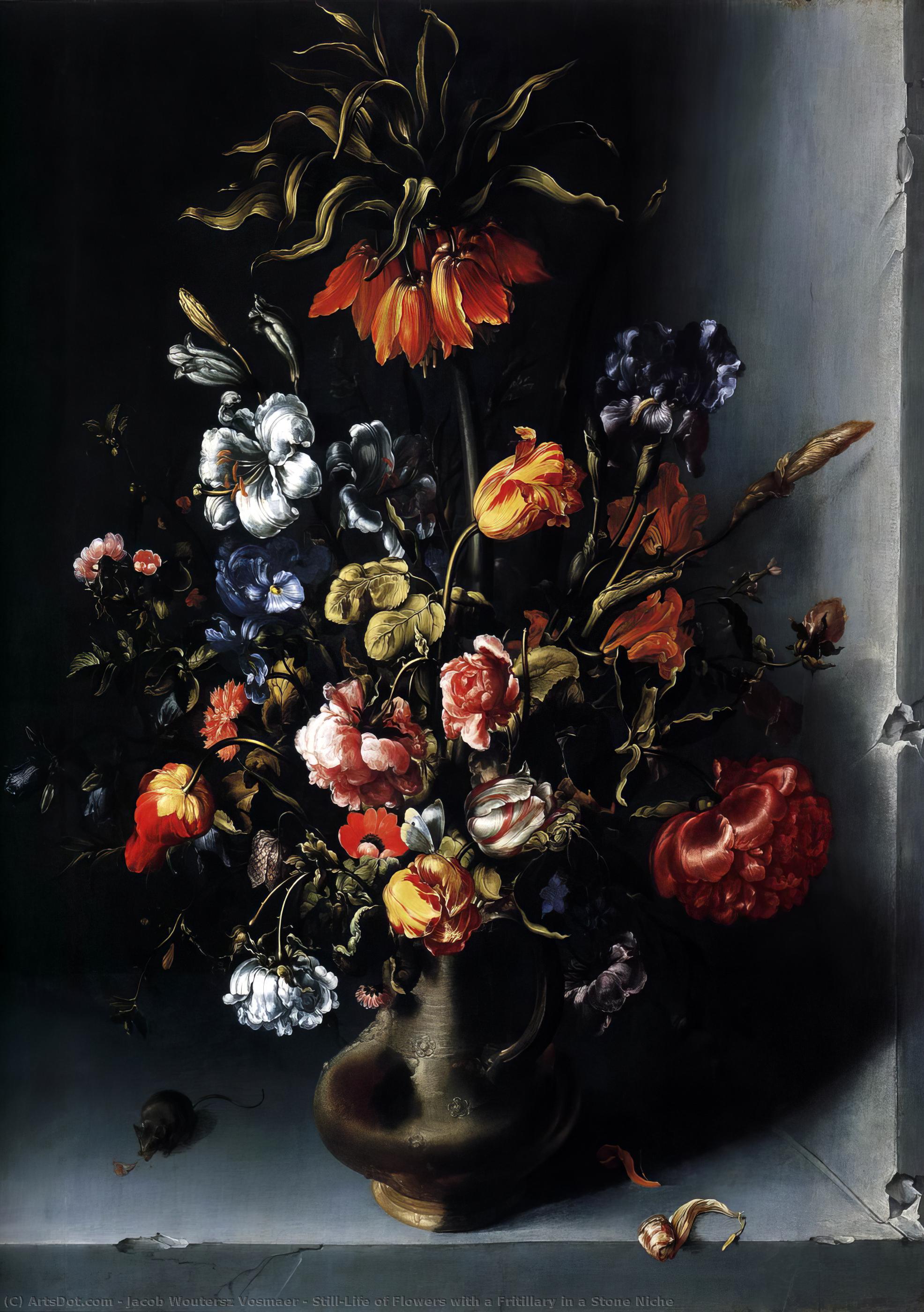 Wikioo.org - The Encyclopedia of Fine Arts - Painting, Artwork by Jacob Woutersz Vosmaer - Still-Life of Flowers with a Fritillary in a Stone Niche