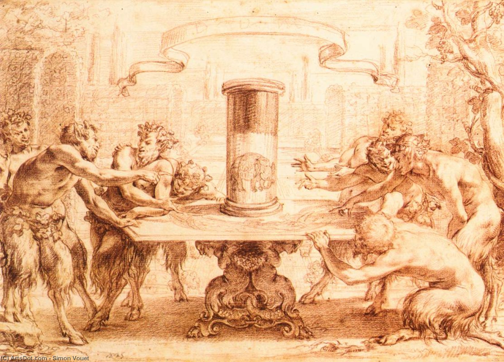 Wikioo.org – L'Encyclopédie des Beaux Arts - Peinture, Oeuvre de Simon Vouet - huit Satyres  admiratif  au  anamorphose  de  une  éléphant
