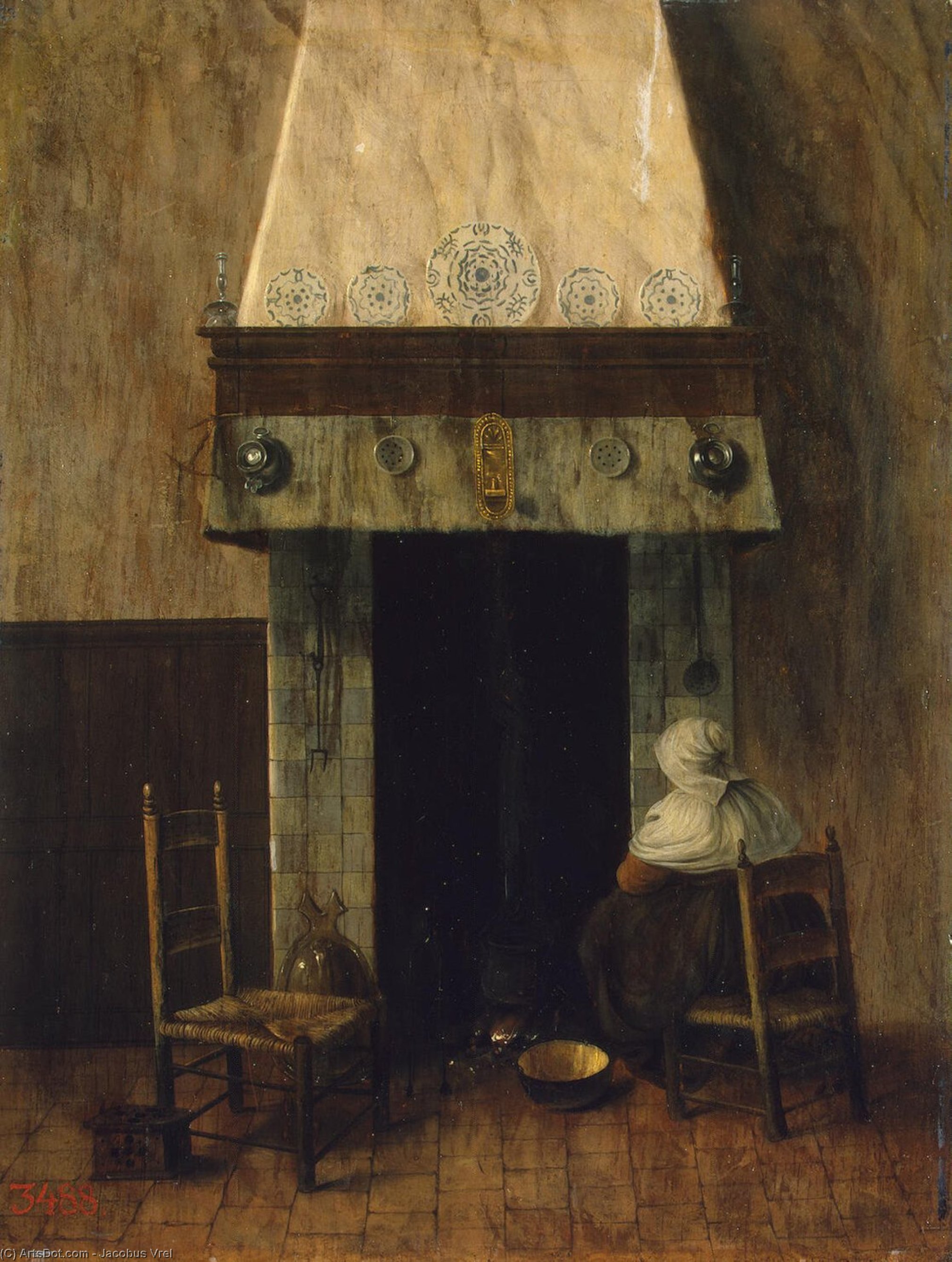 Wikioo.org – L'Encyclopédie des Beaux Arts - Peinture, Oeuvre de Jacobus Vrel - une vieille femme par de  une  cheminée