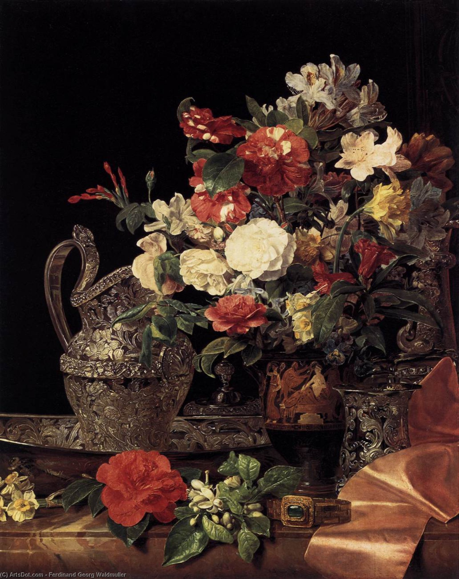 Wikioo.org - The Encyclopedia of Fine Arts - Painting, Artwork by Ferdinand Georg Waldmuller - Bouquet in an Attic Bell Crater