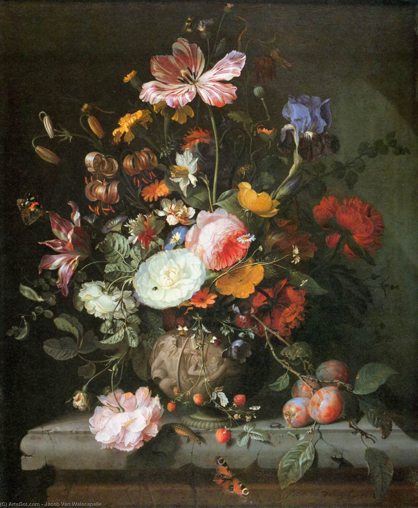 Wikioo.org - The Encyclopedia of Fine Arts - Painting, Artwork by Jacob Van Walscapelle - Flowers in a Stone Vase