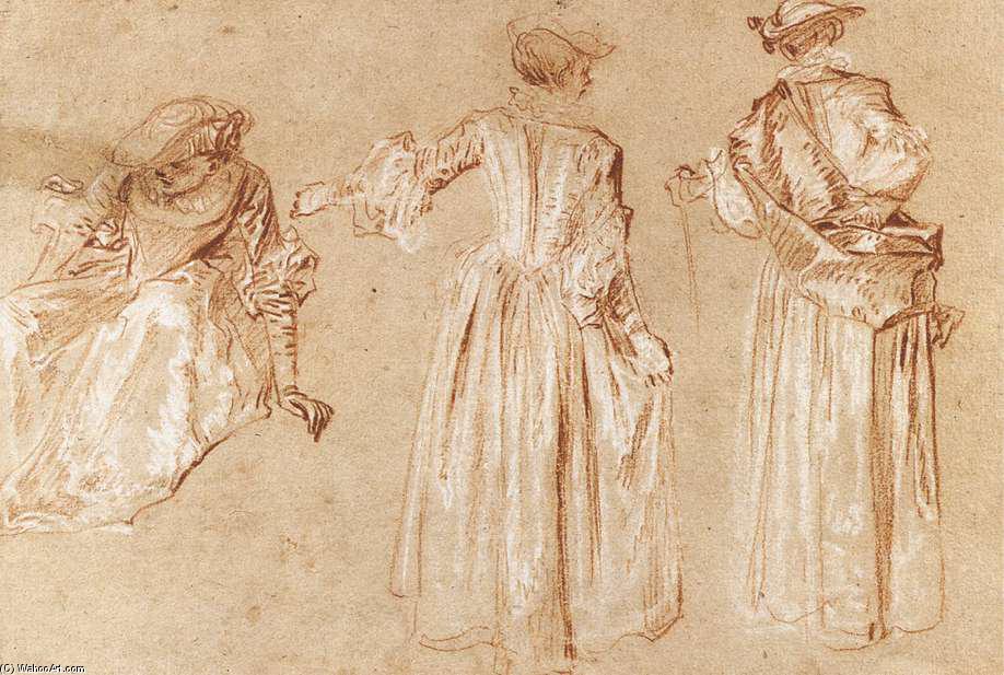 Wikioo.org – L'Enciclopedia delle Belle Arti - Pittura, Opere di Jean Antoine Watteau - tre studi  di  Un  signora  con  Un  cappello