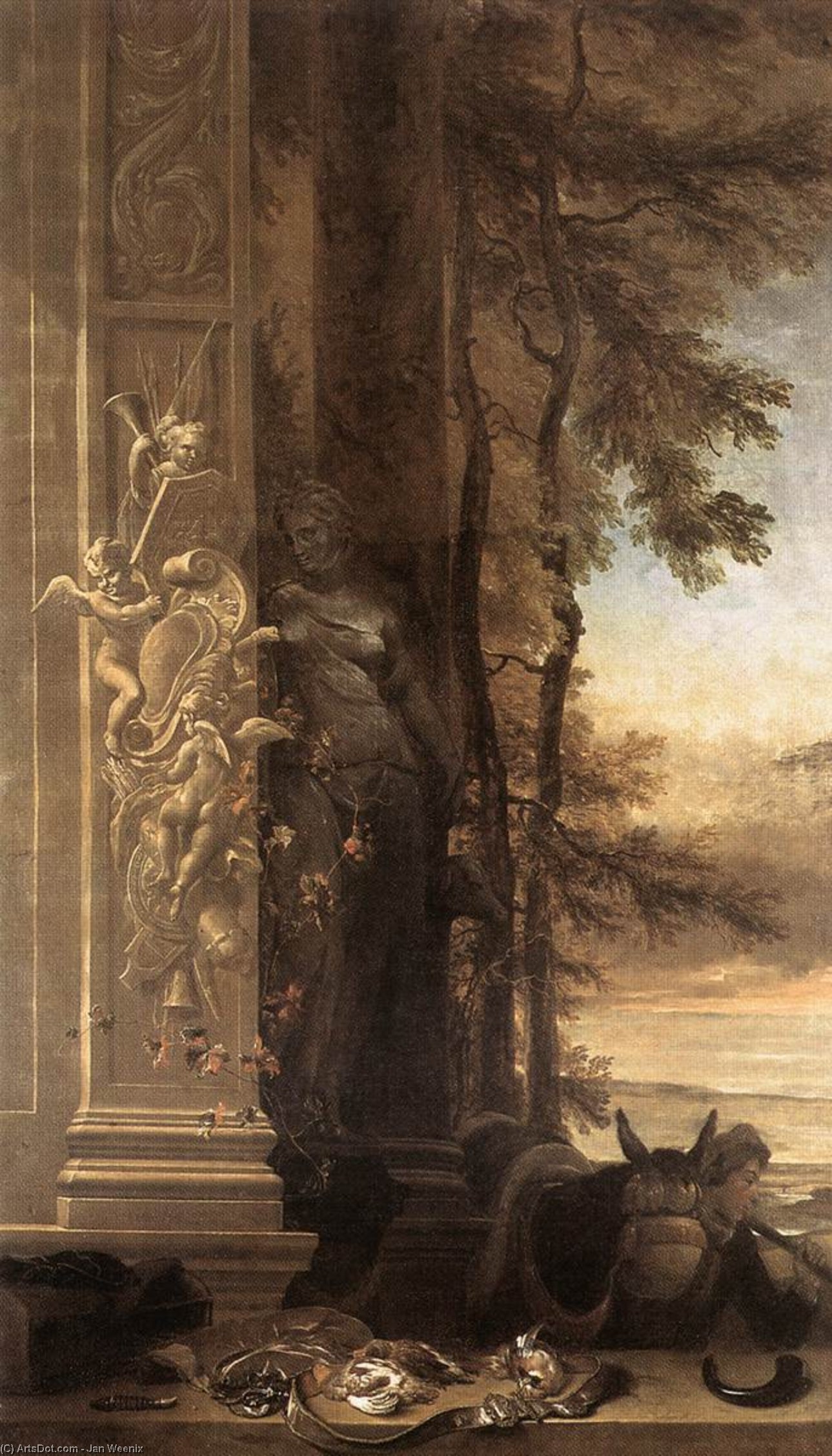 Wikioo.org – L'Enciclopedia delle Belle Arti - Pittura, Opere di Jan Weenix - Gioco Still-Life con la statua di diana