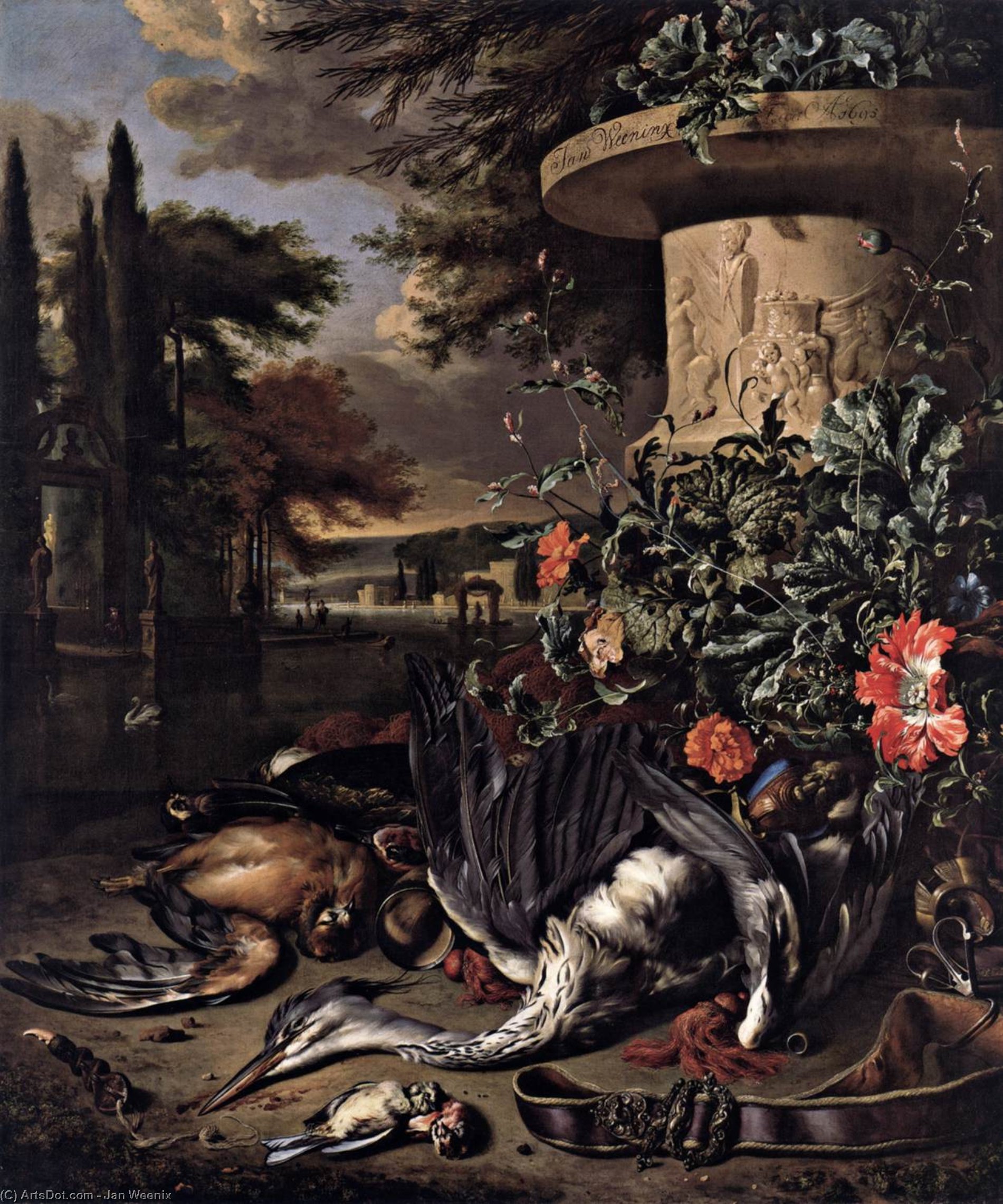 Wikioo.org - The Encyclopedia of Fine Arts - Painting, Artwork by Jan Weenix - Gamepiece with a Dead Heron