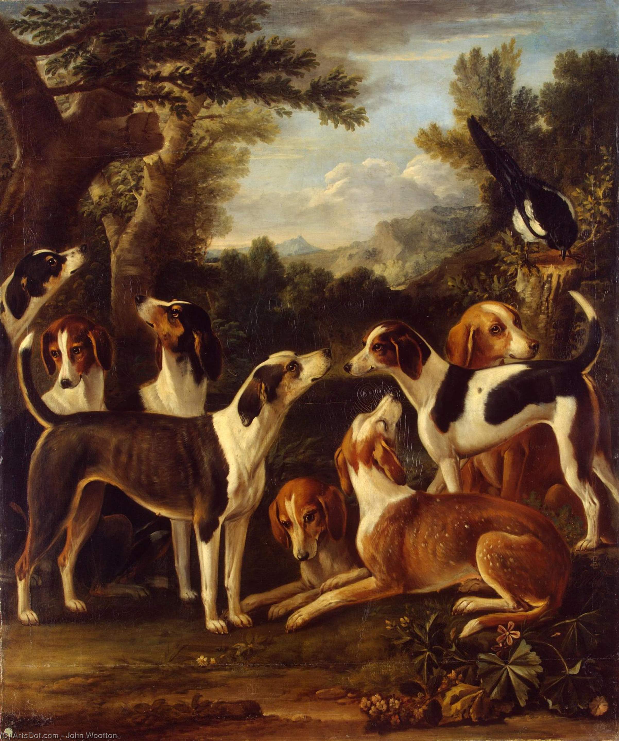 Wikioo.org - The Encyclopedia of Fine Arts - Painting, Artwork by John Wootton - Hounds and a Magpie