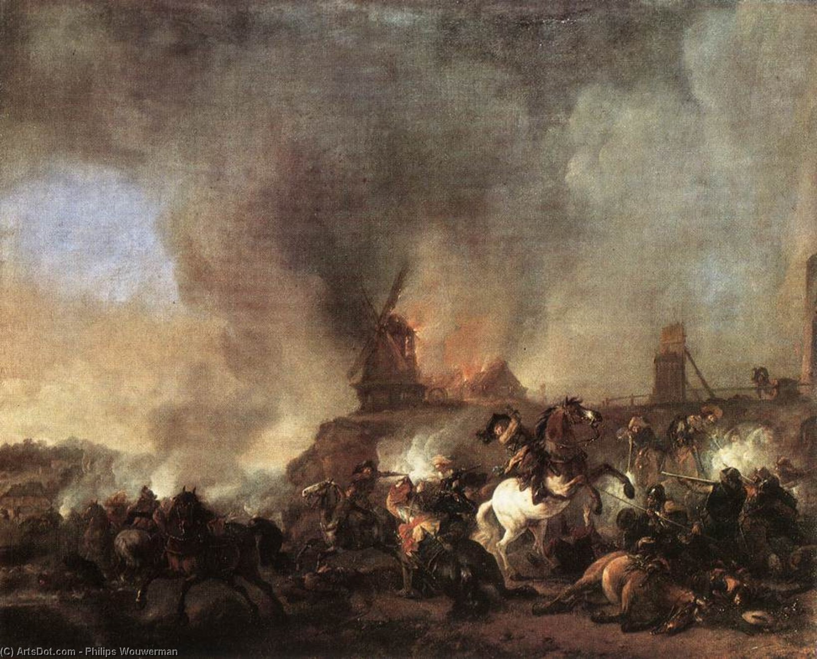 Wikioo.org - The Encyclopedia of Fine Arts - Painting, Artwork by Philips Wouwerman - Cavalry Battle in front of a Burning Mill