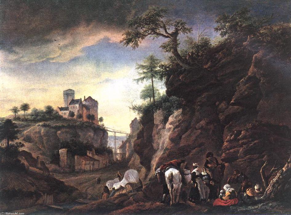 Wikioo.org - The Encyclopedia of Fine Arts - Painting, Artwork by Philips Wouwerman - Rocky Landscape with resting Travellers