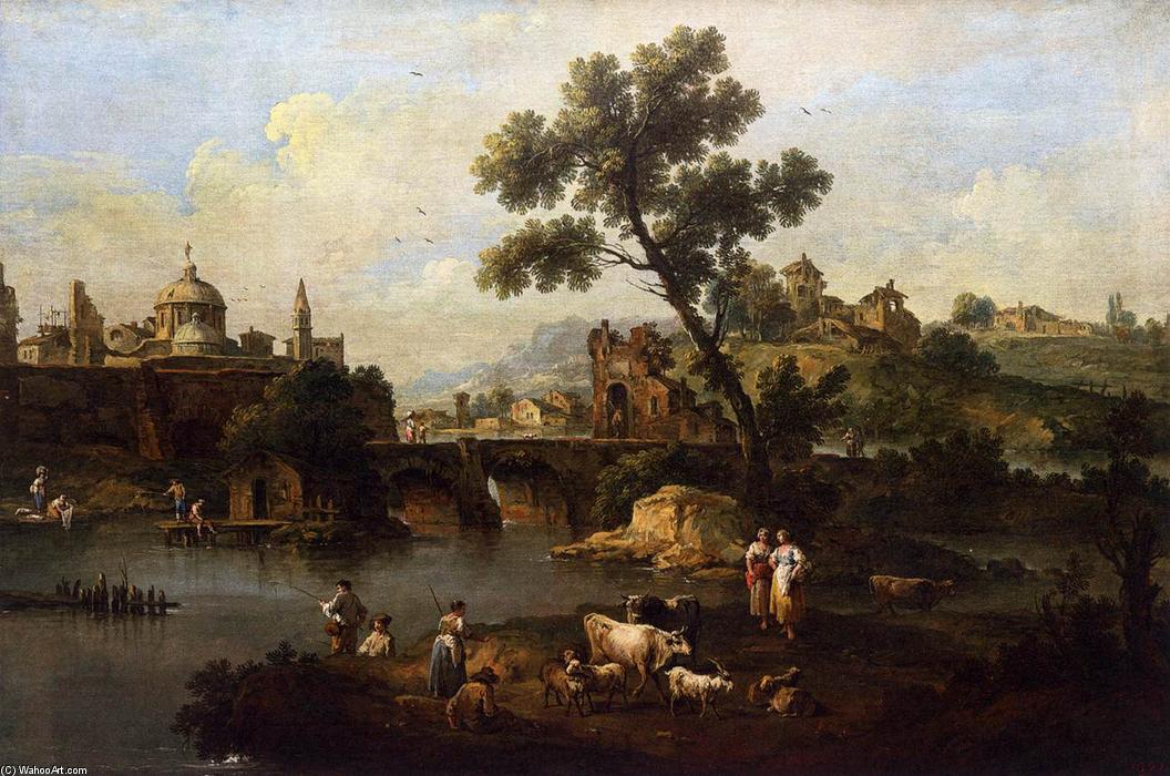 Wikioo.org - The Encyclopedia of Fine Arts - Painting, Artwork by Giuseppe Zais - Landscape with River and Bridge