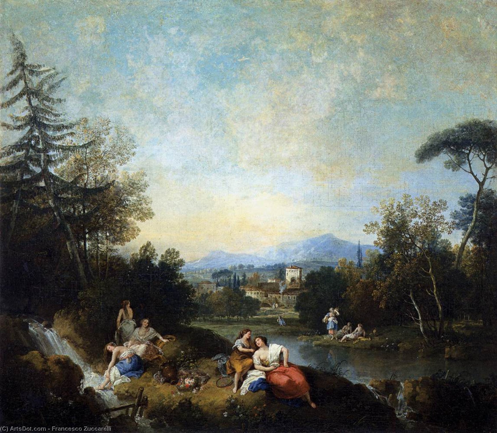 WikiOO.org – 美術百科全書 - 繪畫，作品 Francesco Zuccarelli - 景观带 女孩  在  的  河
