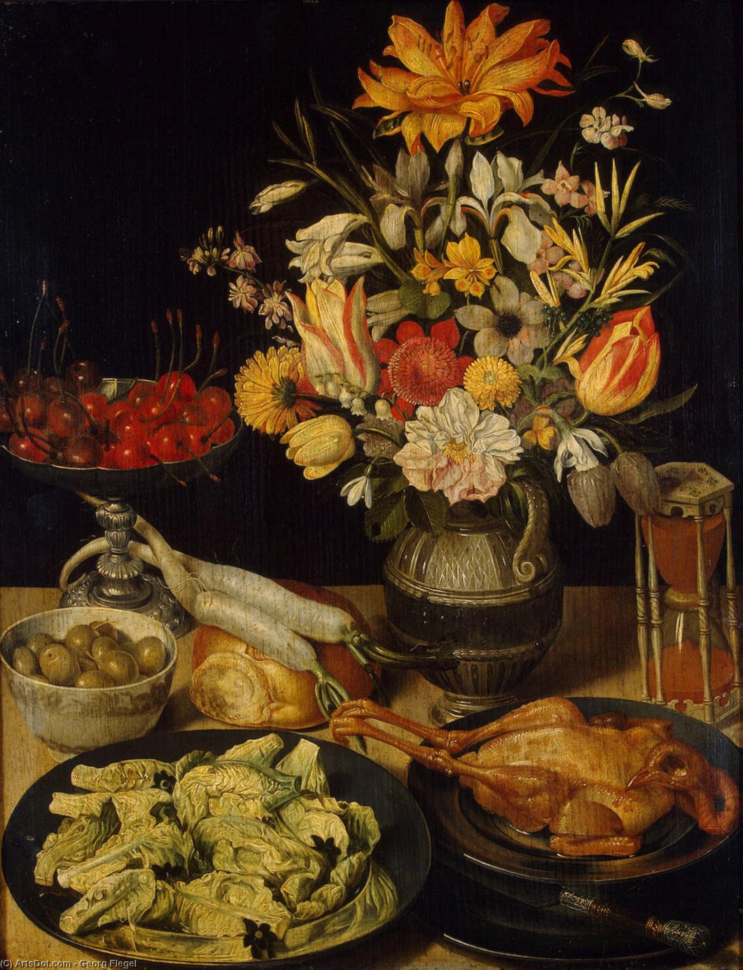 Wikioo.org - The Encyclopedia of Fine Arts - Painting, Artwork by Georg Flegel - Still-Life with Flowers and Snacks