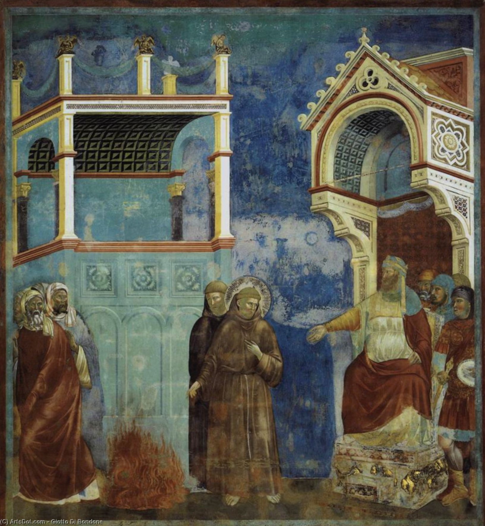 Wikioo.org - The Encyclopedia of Fine Arts - Painting, Artwork by Giotto Di Bondone - Legend of St Francis: 11. St Francis before the Sultan (Trial by Fire)