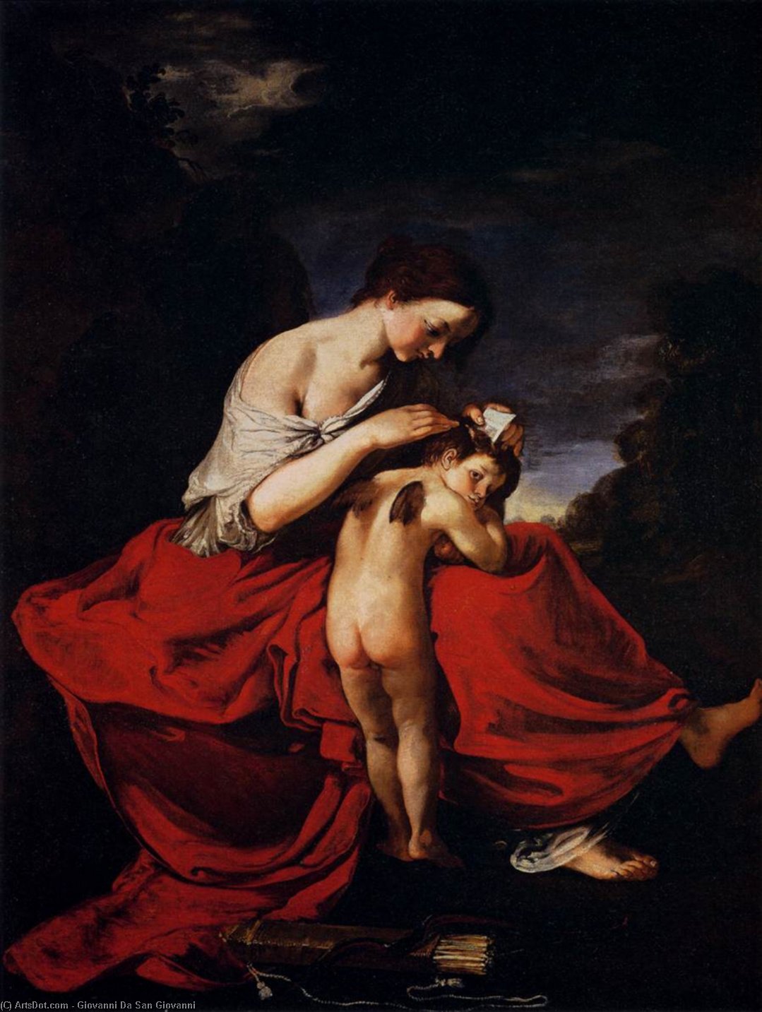 Wikioo.org – La Enciclopedia de las Bellas Artes - Pintura, Obras de arte de Giovanni Da San Giovanni - Venus Peinada Cupid's Pelo