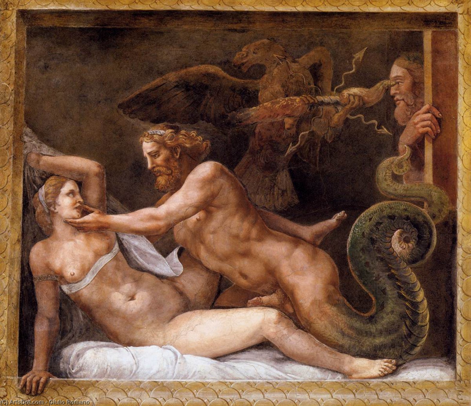 Wikioo.org - The Encyclopedia of Fine Arts - Painting, Artwork by Giulio Romano - Jupiter Seducing Olympias