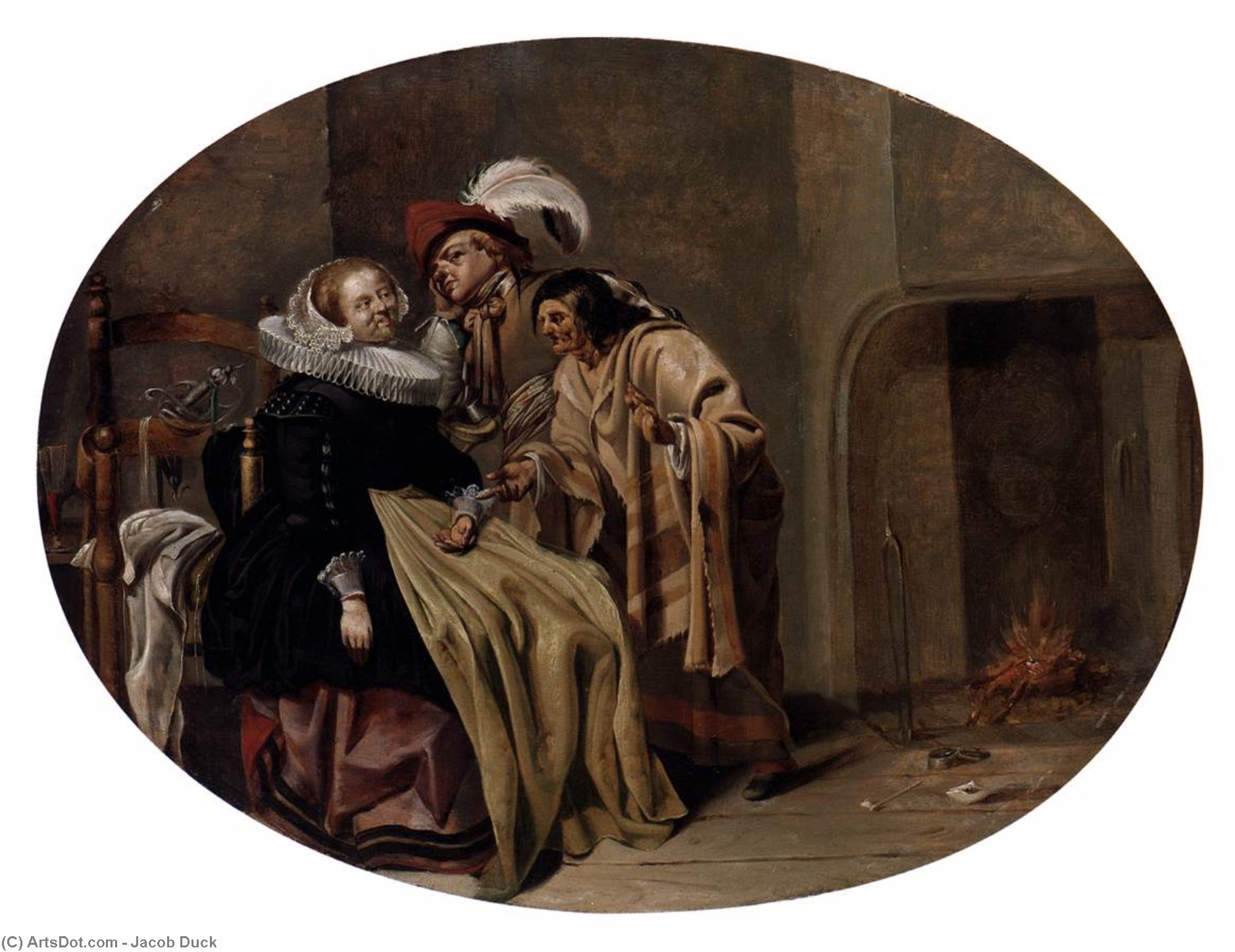 WikiOO.org - Enciklopedija dailės - Tapyba, meno kuriniai Jacob Duck - A Couple in an Interior with a Gypsy Fortune-Teller