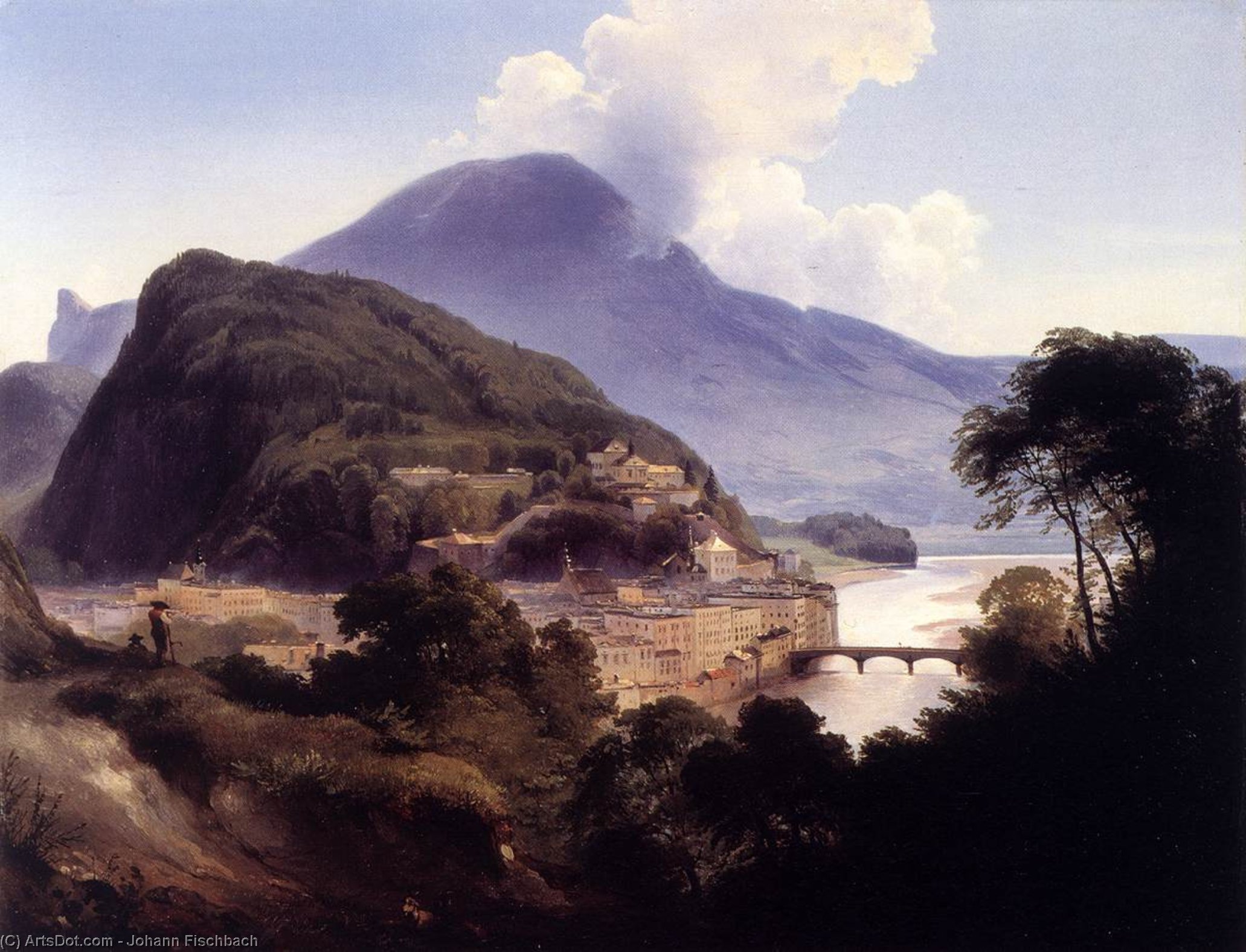 WikiOO.org - Encyclopedia of Fine Arts - Maleri, Artwork Johann Fischbach - View of Salzburg with the Kapuzinerberg